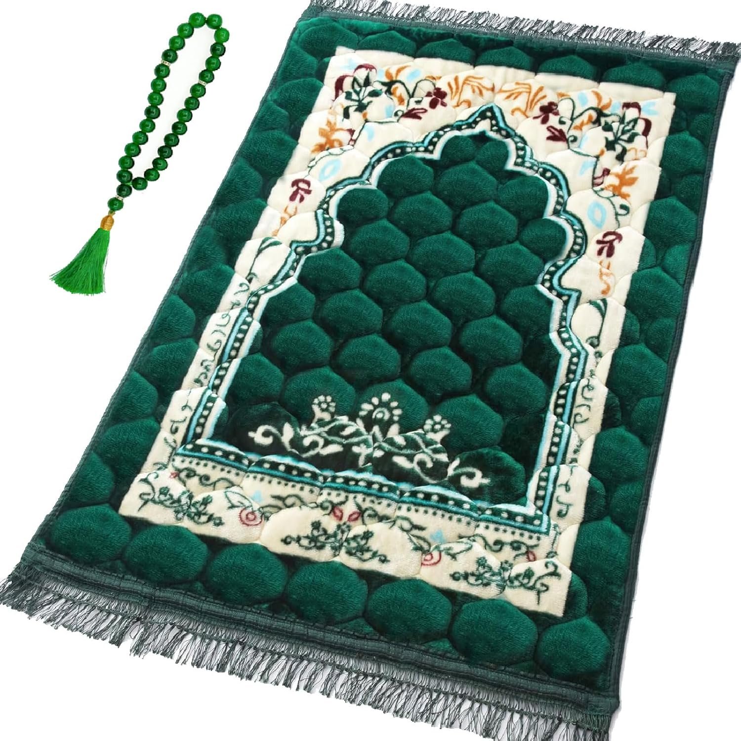 Funvalley Surperfect Premium Prayer Mat with Tasbih Prayer Beads-Large Soft Non-Slip Muslim Prayer Rug,Elegant Green Design for Home,Mosque,Travel-Eid Ramadan Gift for Women,Men,Kids