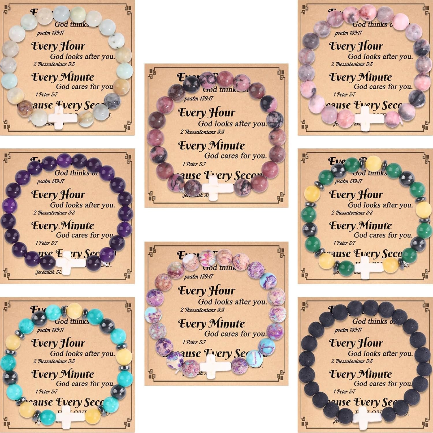 8Pcs Cross Beaded Bracelet for Women Christian Gifts Religious Cross Bracelet 8mm Natural Stone Bracelet Christian Jewelry Faith Gift