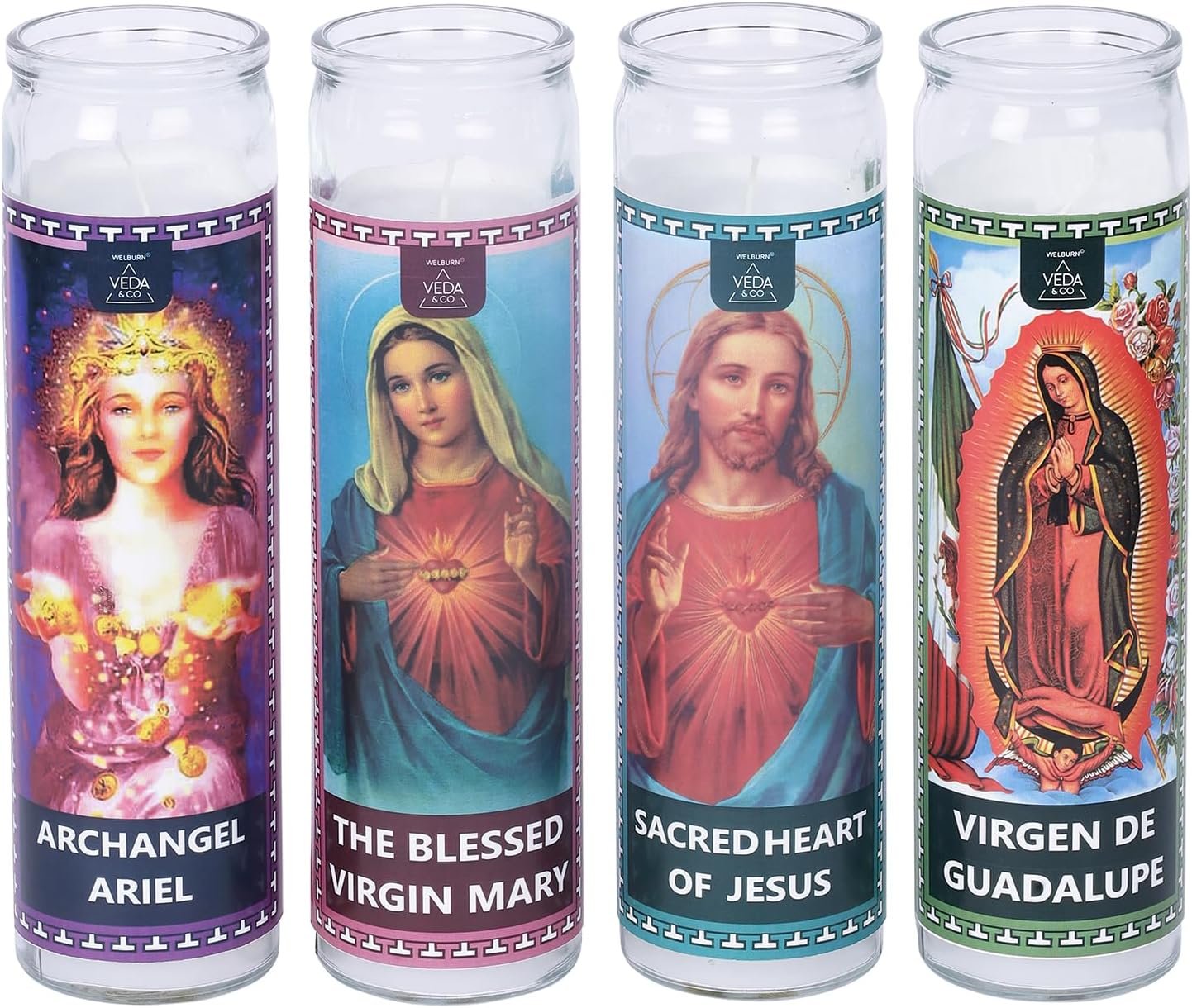 Welburn Veda&Co™ Prayer Candles – Pack of 4, 90 Hours Burn Time Smokeless Unscented Glass Pillar Candle 100% Refined Paraffin Wax, Religious, Memorial, Christmas Vigil, Wedding Home Decor, Emergencies
