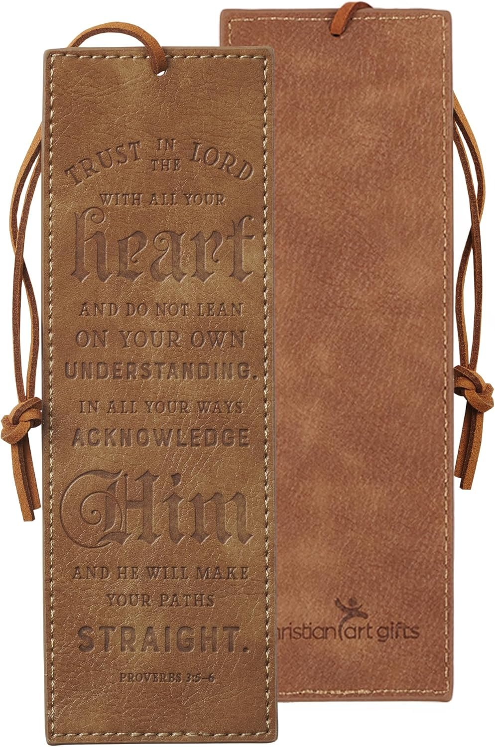 Christian Art Gifts Premium Faux Leather Scripture Bookmark for Men & Women: Trust in The Lord – Proverbs 3:5-6 Inspirational Bible Verse, Heat-Debossed, Brown with Cord Tassel, Reading Book Accessory