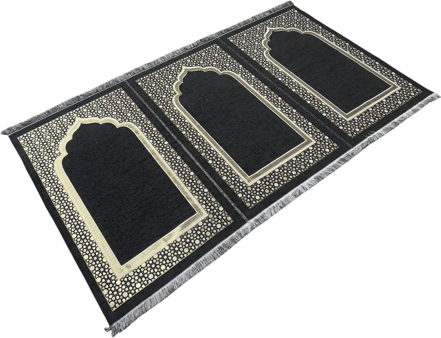Modefa Turkish Islamic Prayer Mat – Wide Chenille Praying Mat – Multi Person Muslim Janamaz Sajada for Family – Large Gathering & Group Praying Carpet – Selcuk Star 3 Person (Black)