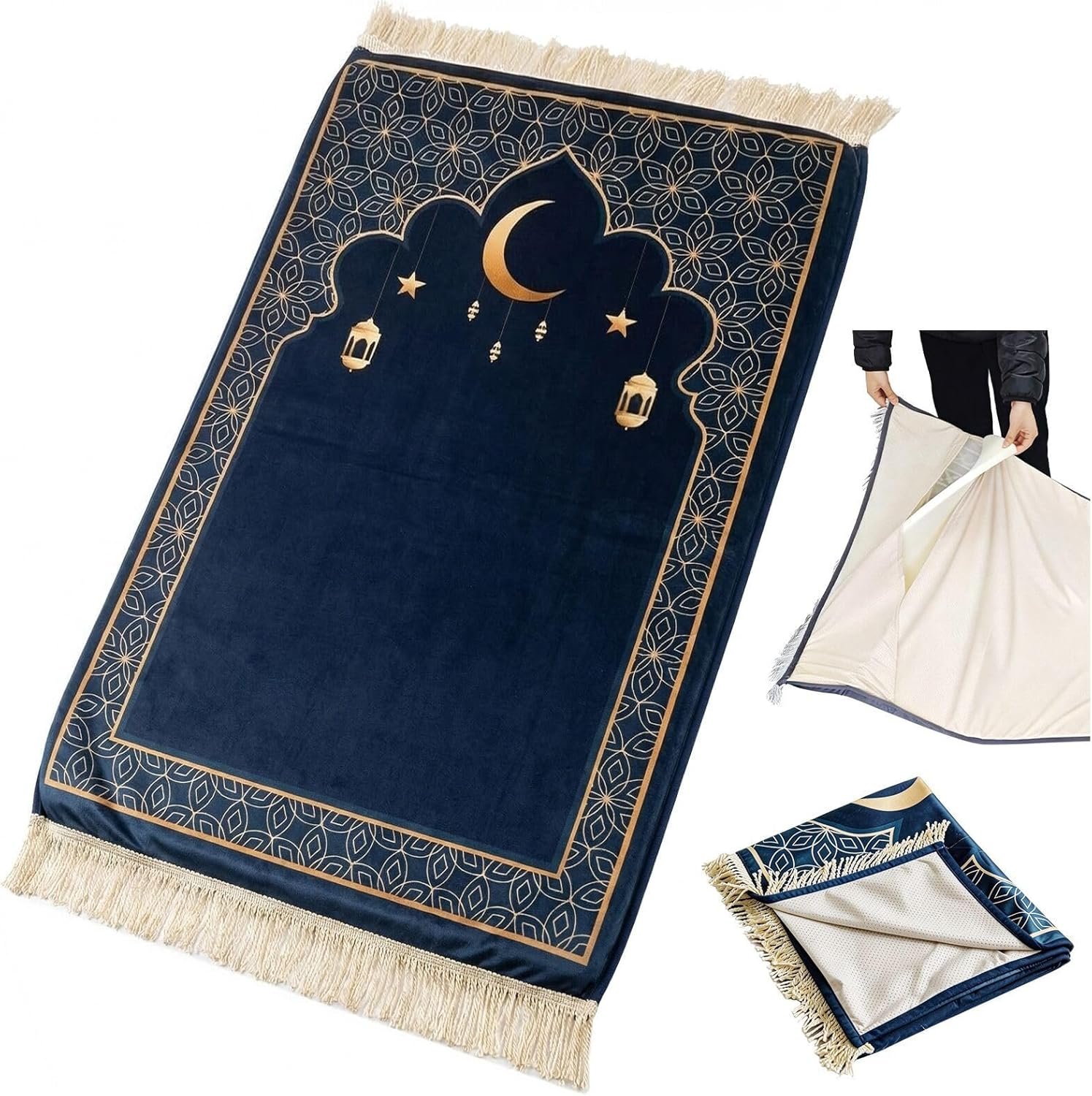 Muslim Prayer Mat 2-in-1 Travel Rug with Removable Washable Cover, Thick Foam Janamaz Sajadah, Minimalist Star & Moon Islamic Design, Non-Slip, 31.5″x47.2″