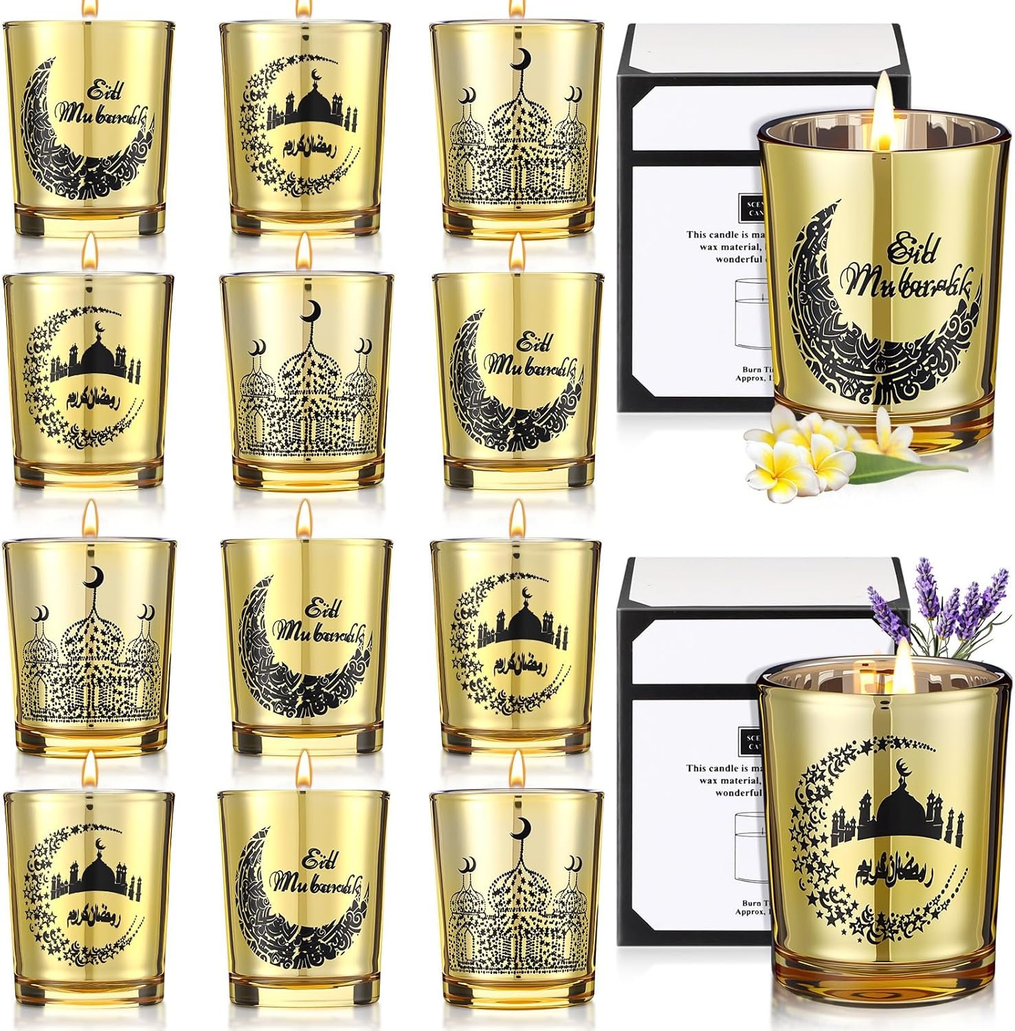 MTLEE 12 Pcs Ramadan Gifts Ramadan Mubarak Scented Candle Jar Eid Candles Eid Religious Novelty Candle Mubarak Gift for Home Muslim Islam Gifts Festival Decor(Gold)