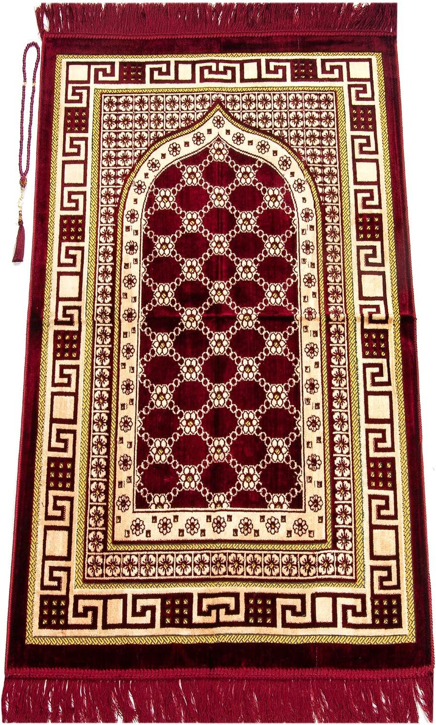 ihvan online Luxury Velvet Muslim Prayer Rug with Prayer Beads, Janamaz, Thick Soft Sajadah, Islamic Gift, Portable Prayer Carpet Mat, Velvet Fabric, Red