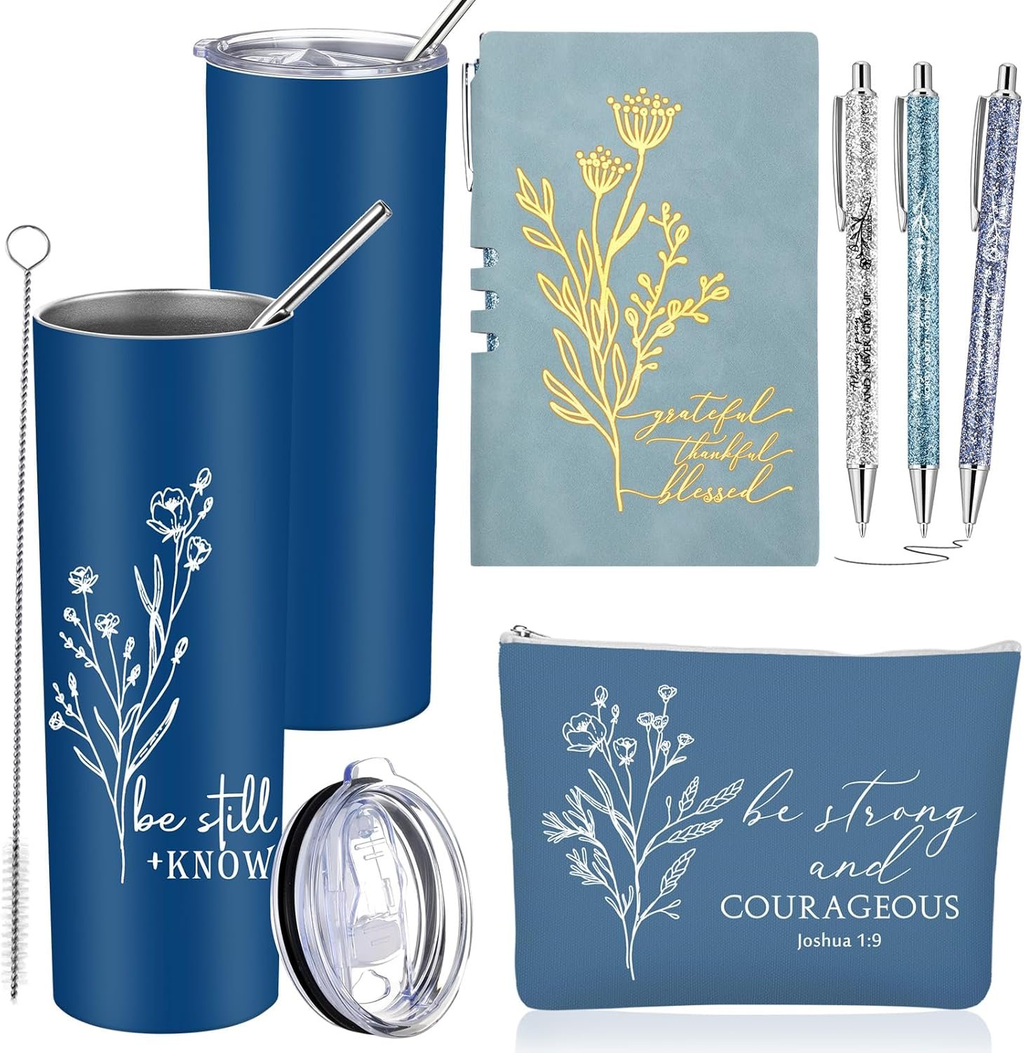 Funnymoom 6 Pcs Christian Gift for Women Inspirational Religious Gift 20 oz Tumbler Makeup Bag A6 Leather Journal Ballpoint Pens for Coworkers Staff Team Church Teacher Female(Blue)