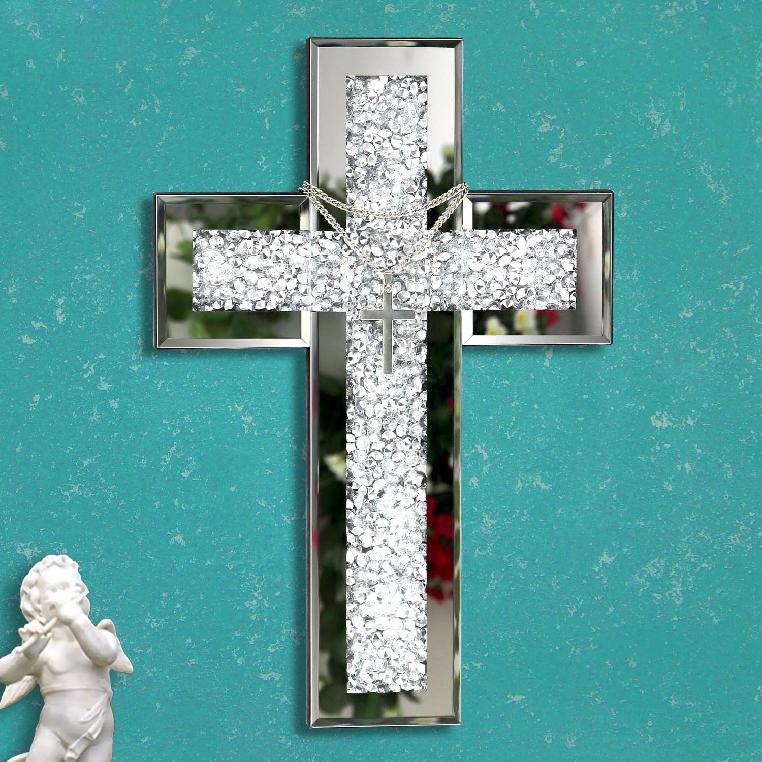 GIMORRTO Cross Wall and Table Decor, Glass Mirrored Surface, Modern Style, Religious Theme, Silver, 15 x 5 Inches, Indoor (15″)