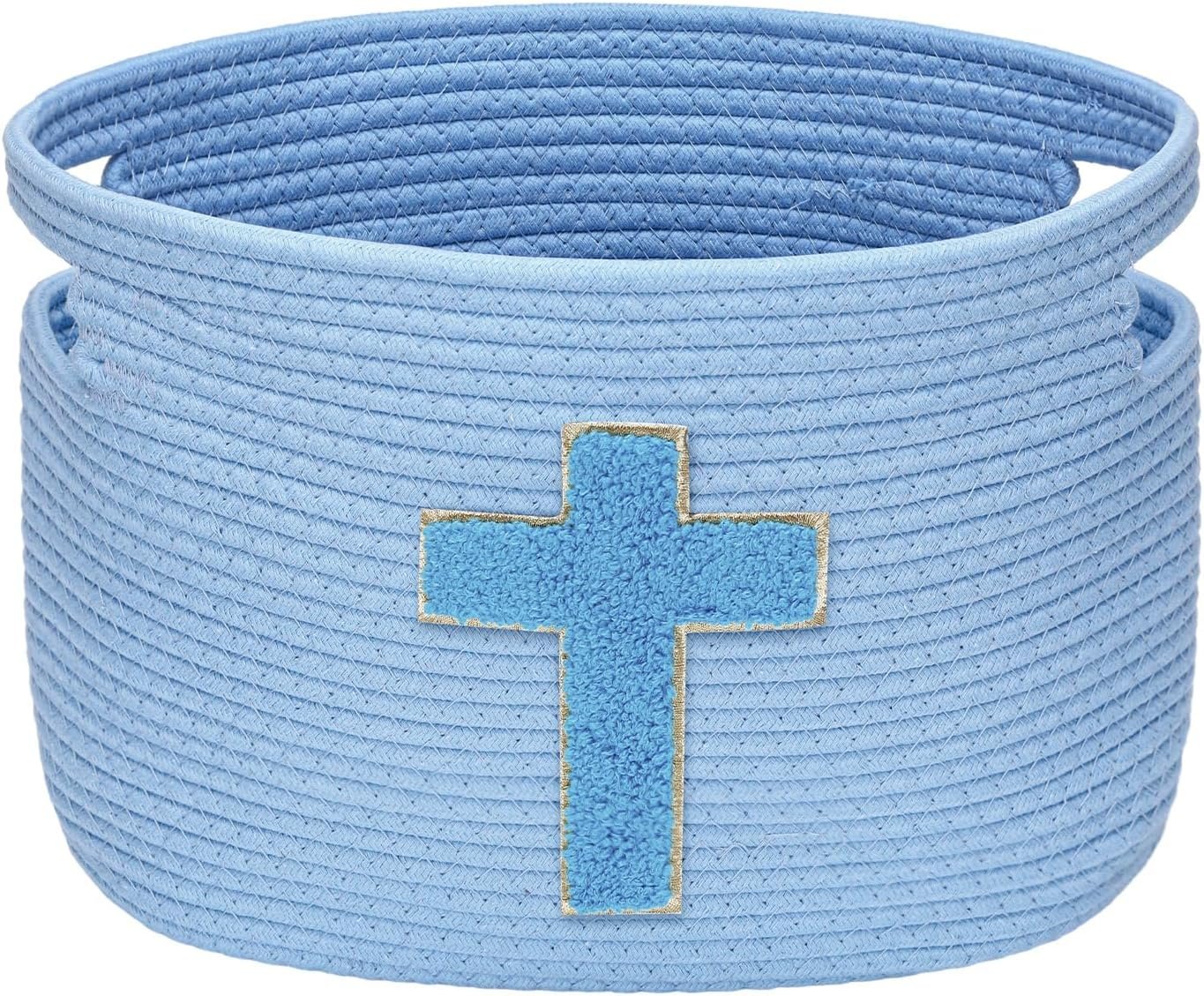 Sliner Baptisms Gifts Basket with Handles, Baptisms Cross Design Cotton Rope Basket Gifts Stuffers Storage for Christenings First Communions Religious Occasions, 15 x 10 x 9 Inch(Blue)