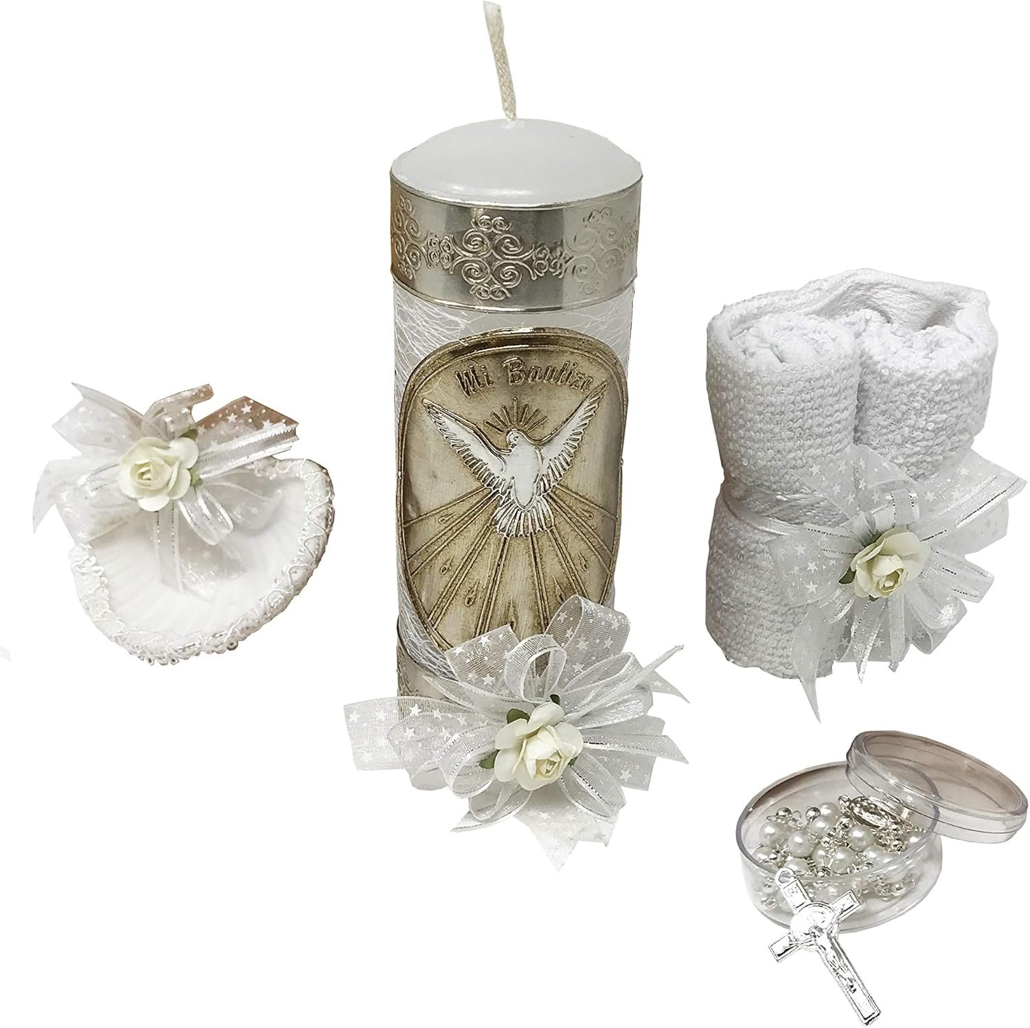 Arcangeles Mexicanos Catholic Baptism Candle Set in a Wooden Box with Towel, Candle, Rosary and Shell for Baby Boys and Girls. Handmade in Mexico
