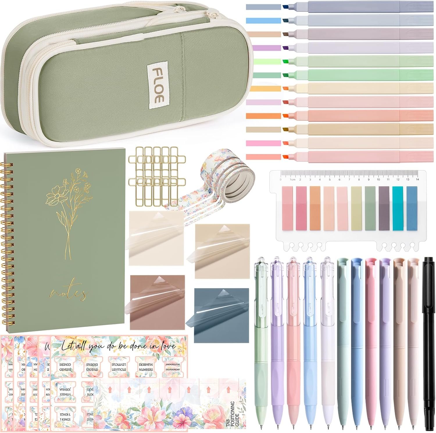 Bible Study Supplies Journaling Kit for Women, Christmas Christian Gifts for Women Mom Friend, Bible Study Tool w/Pastel Highlighter Pen No Bleed, Pencil Case Notebook Annotation Kit Accessories Set