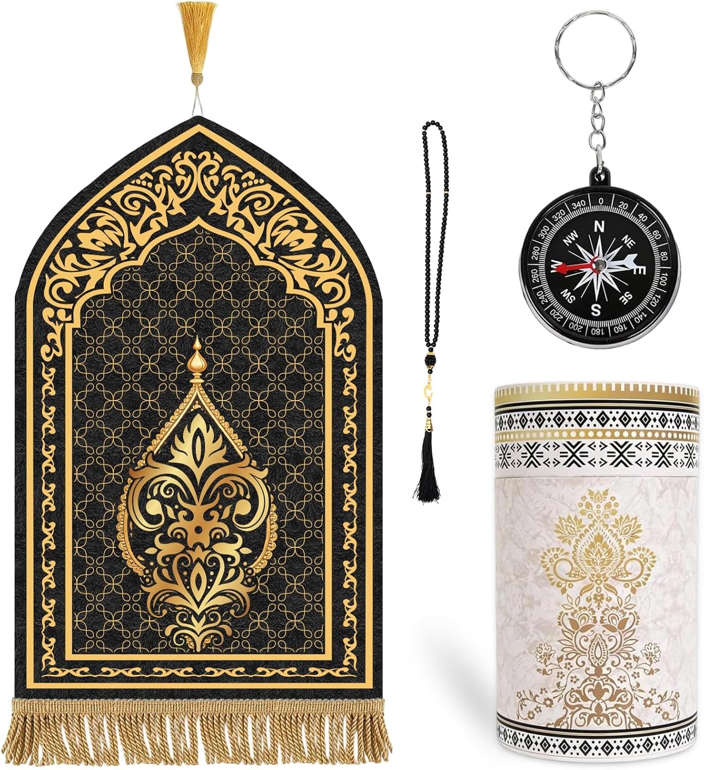 Islamic Prayer Mat Set, 4 PCS Thick Soft Muslim Prayer Rug with Cylinder Gift Box, Beads, Compass for Women Men Daily Salah Meditation Ramadan Eid Gifts 43 * 27 inch（Black Gold）