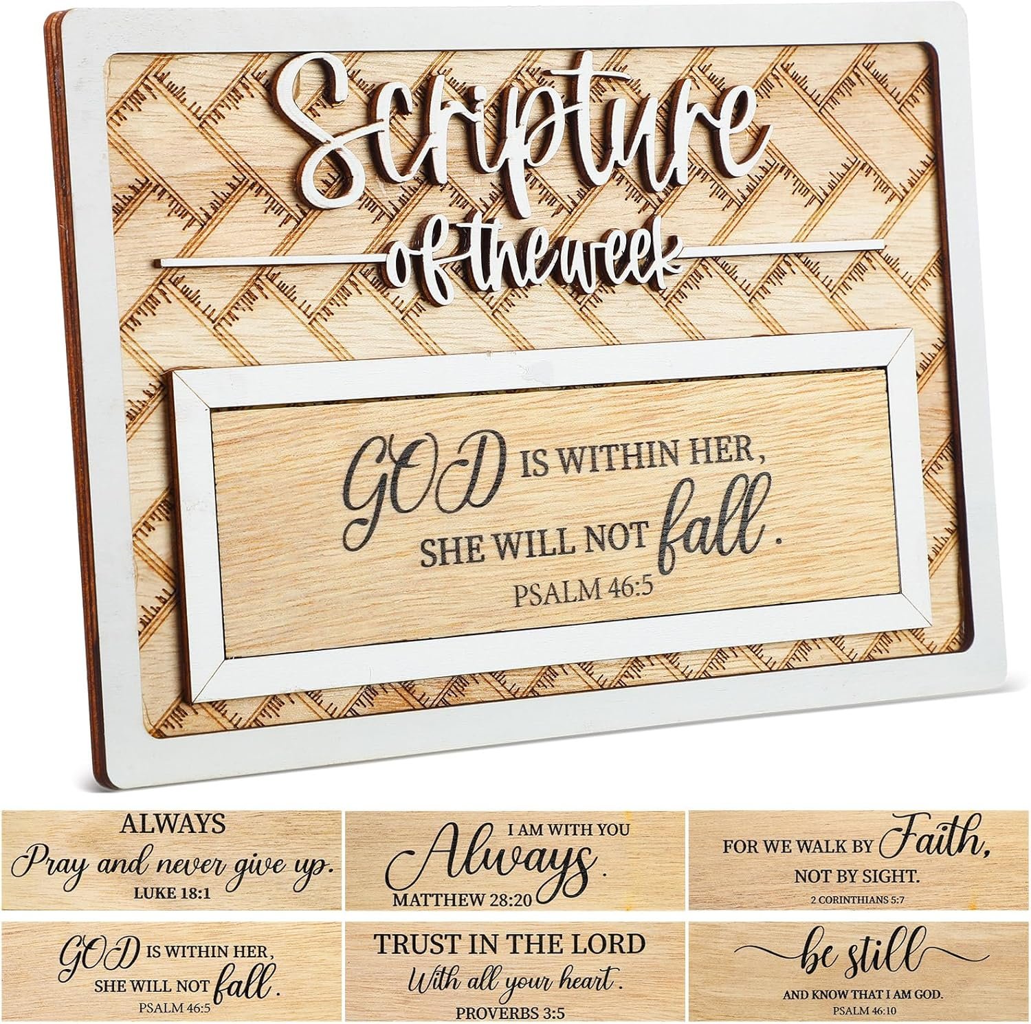 Christian Decor Wooden Scripture of The Week with 7 Interchangeable Bible Verse Plates Inspirational Gift for Men Women Father Day Gifts Blessings of Jesus for Desk Dining Table Centerpiece