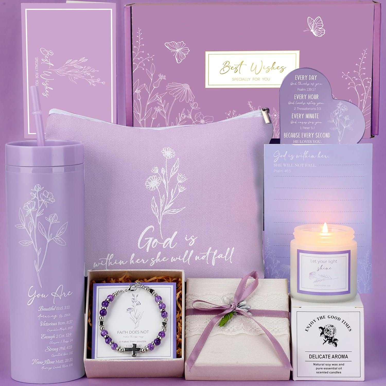 Teenyyou 9 Pcs Purple Christian Gift Basket Set for Women Faith Inspirational Religious Gifts Catholic Christian Tumbler Canvas Makeup Bag Gifts Basket Set for Women Mom Wife Sisters Friend