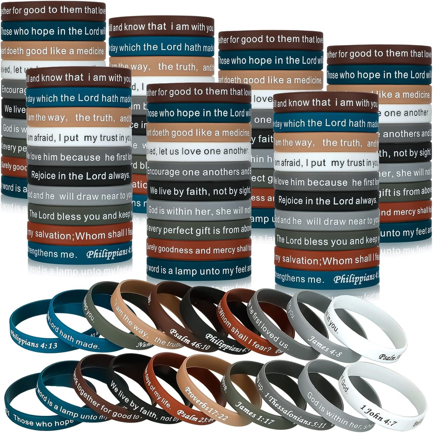 Estune 120 Pcs Bible Verses Bracelets Motivational Quote Rubber Wristbands Christian Religious Silicone Bracelet Inspirational Silicone Wristbands for Unisex Men Women Party (Dark Color)