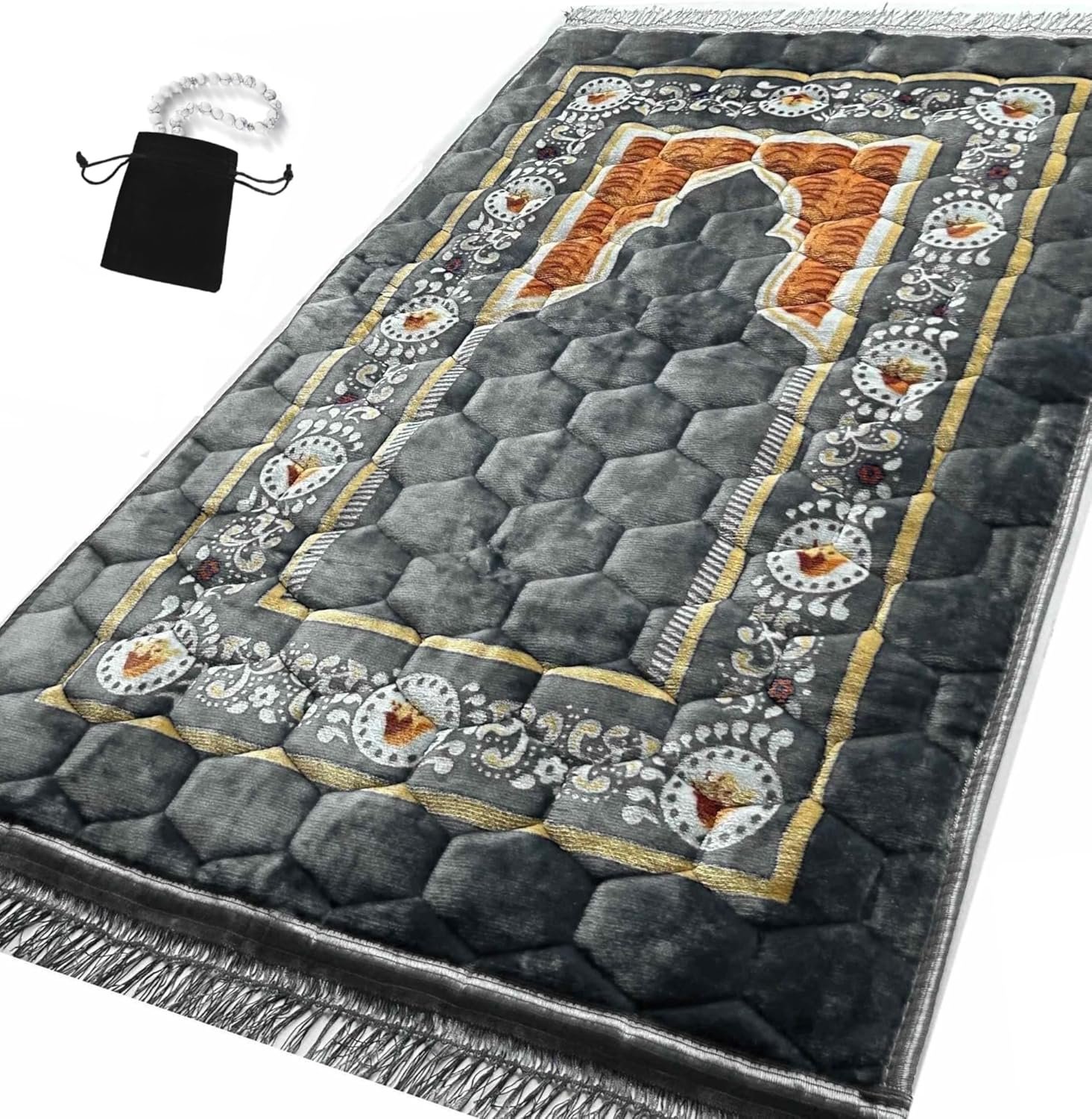 Prayer Rug Muslim Mat Islamic – Padded Very Thick Prayer Rug Sajadah for Men Women with Islam Prayer Beads for Eid Travel Ramadan, Soft and Luxury (Grey)