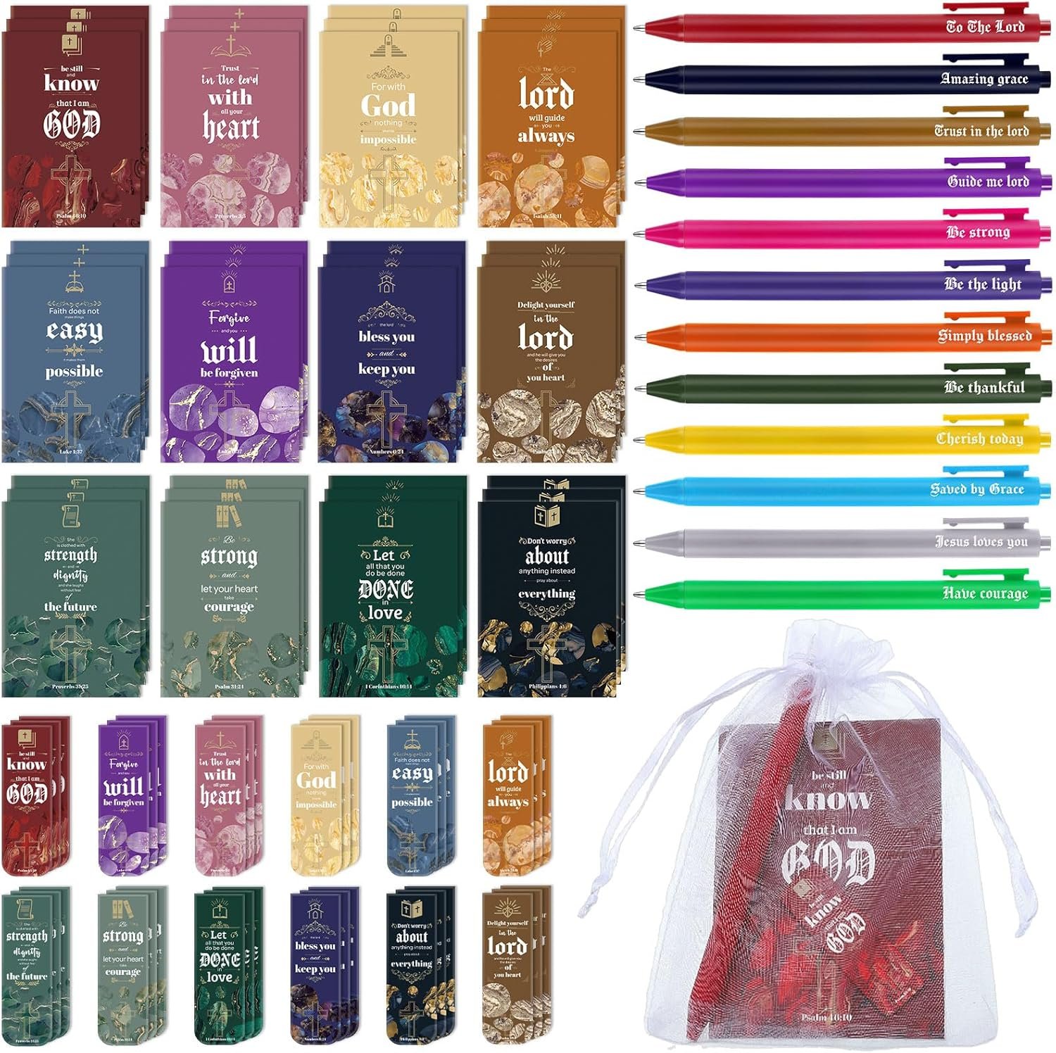 WSICSE 144 Pcs Christian Bible Gifts Set Bulk, Religious Scripture Notebooks Verses Bookmarks Bible Quote Pens Organza Bags for Inspirational Bible Gifts for Office School