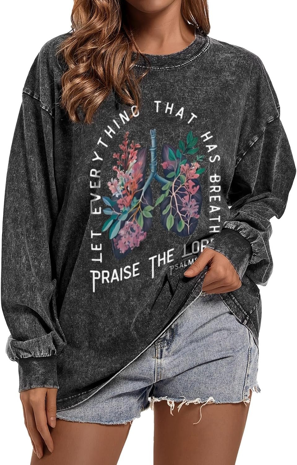 Christian Praise The Lord Long Sleeve Shirts for Women Vintage Bible Verse Floral Crewneck Shirts Acid Wash Pullover