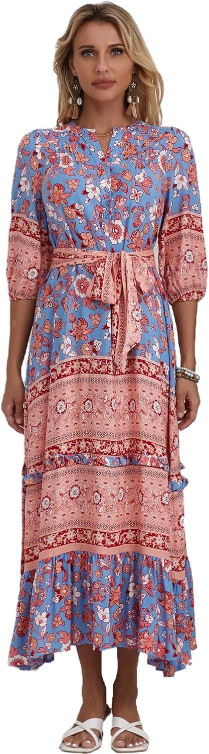 Women 3/4 Sleeves Front Buttons Floral Print Casual Bohemian Maxi Dresses