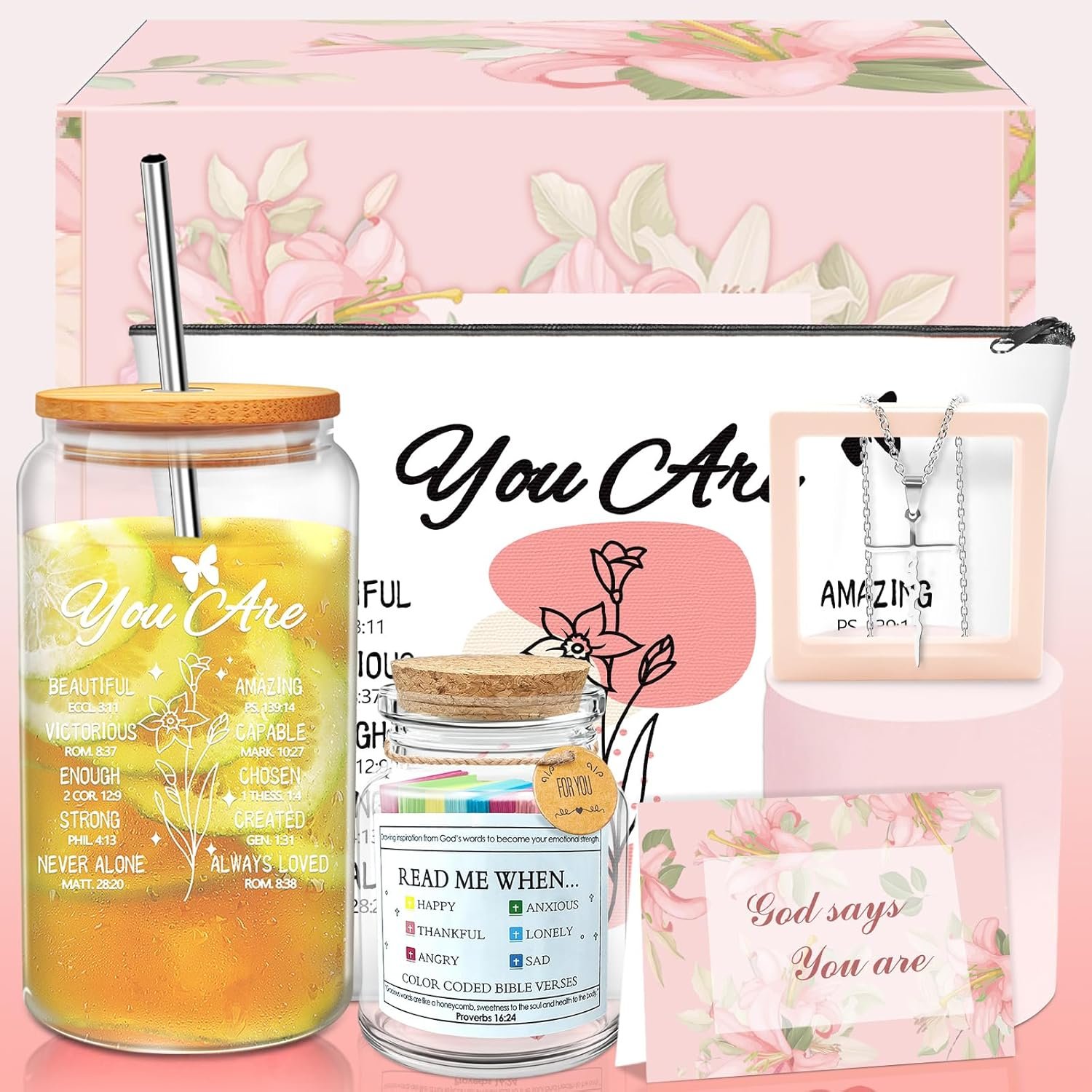 Christian Gifts for Women, Inspirational Gifts for Women, Teacher, Best Friend, Mom, Grandma, Religious Gift Basket for Easter, Mothers Day, Woman Birthday Gift (Pink)