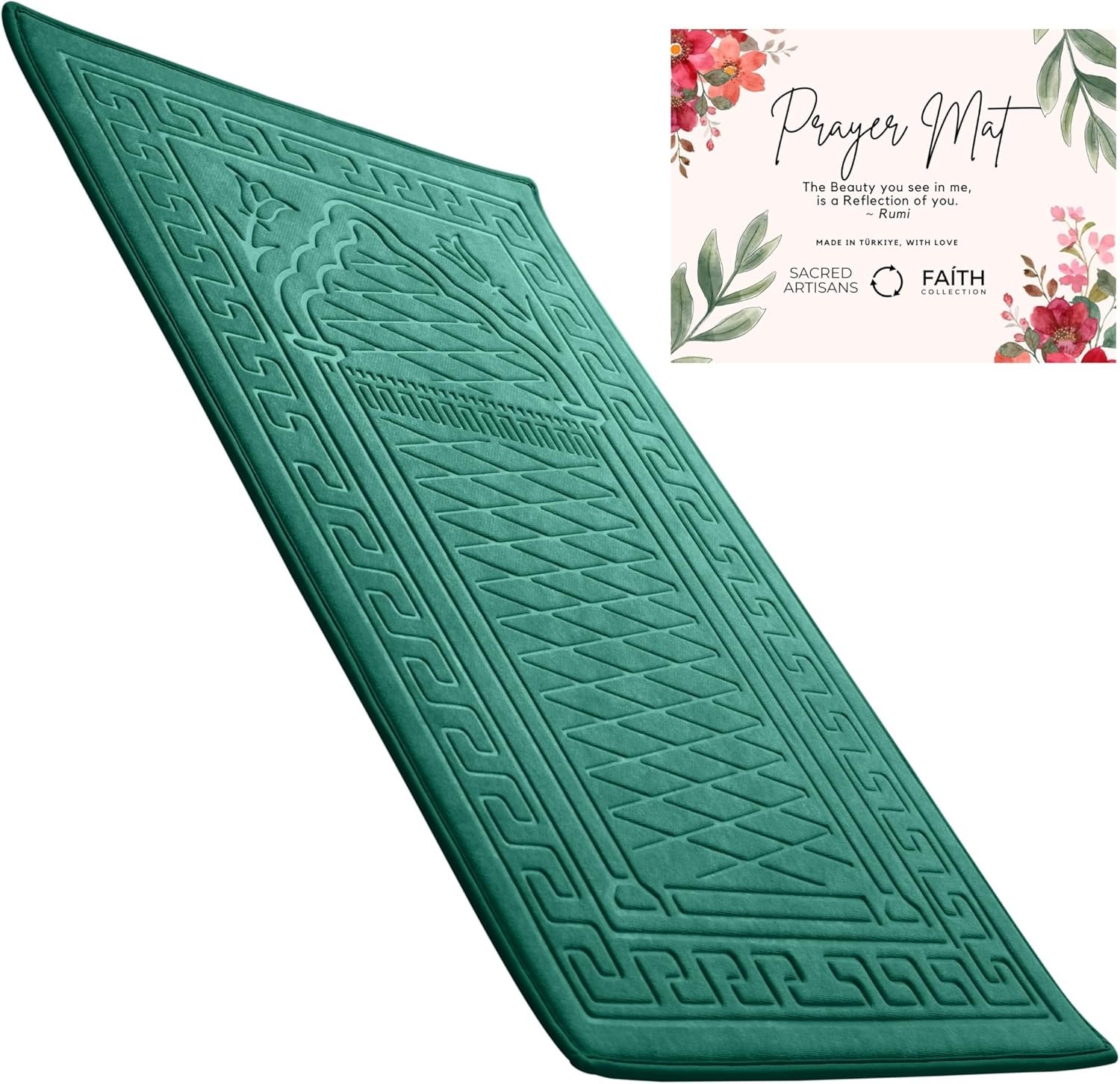 Sacred Artisans Padded Prayer Mat Thick with Soft Velvet Foam for Men and Women | Prayer Rug and Meditation Mat for Home Travel & Gift (Green – Padded)