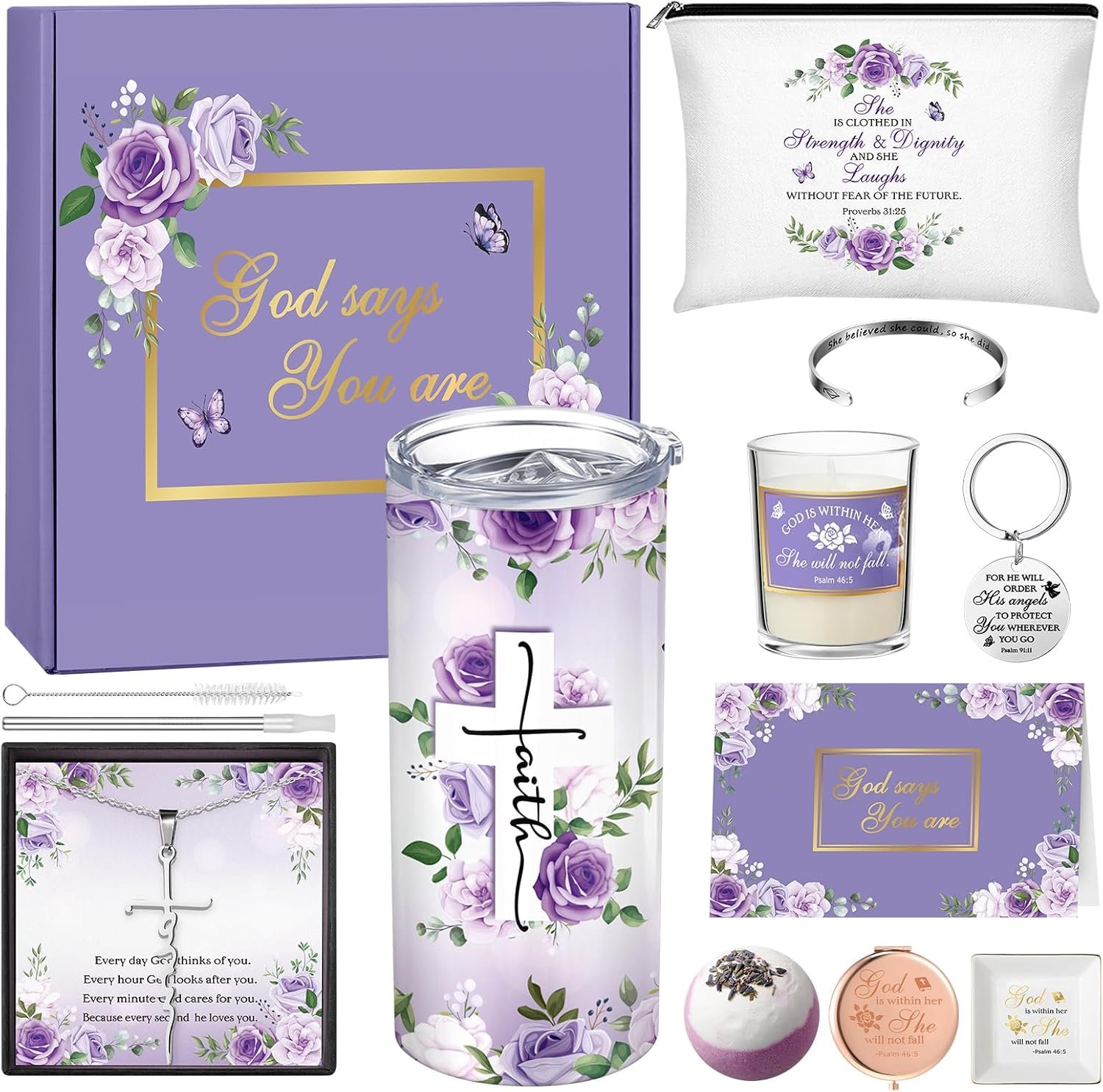 Remuuly Christian Gifts for Women Faith God Says You Are Gifts Set Inspirational Religious Birthday Basket Ideas for Women Friends Sister Wife(Purple Flower)