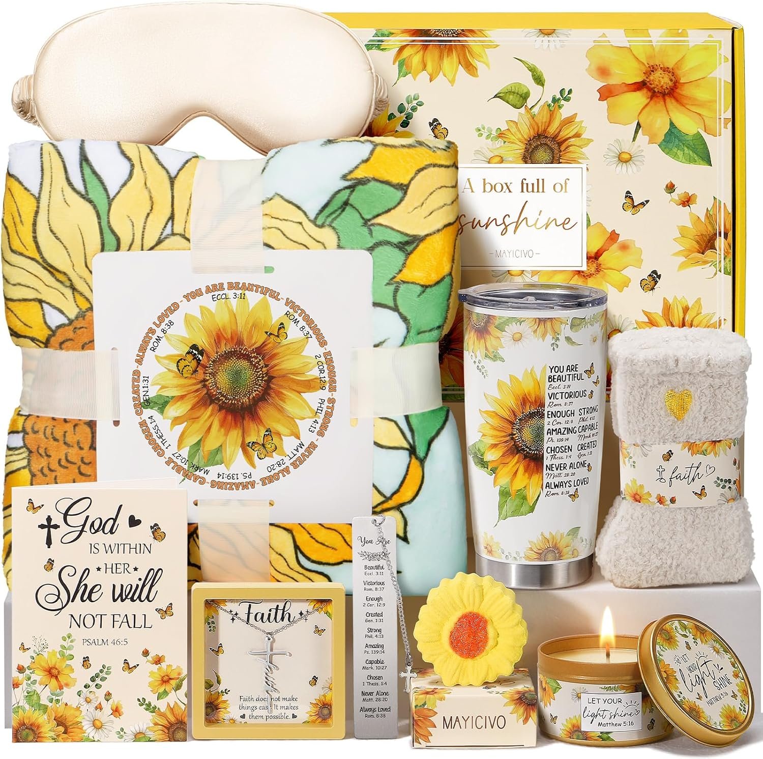 Christian Gifts for Women Faith, Inspirational Religious Gifts Sunflower Gifts for Women, Catholic Spiritual Gift Mother’s Day Birthday Gift Easter Basket for Woman Her Mom Sister Friends w/ Blanket