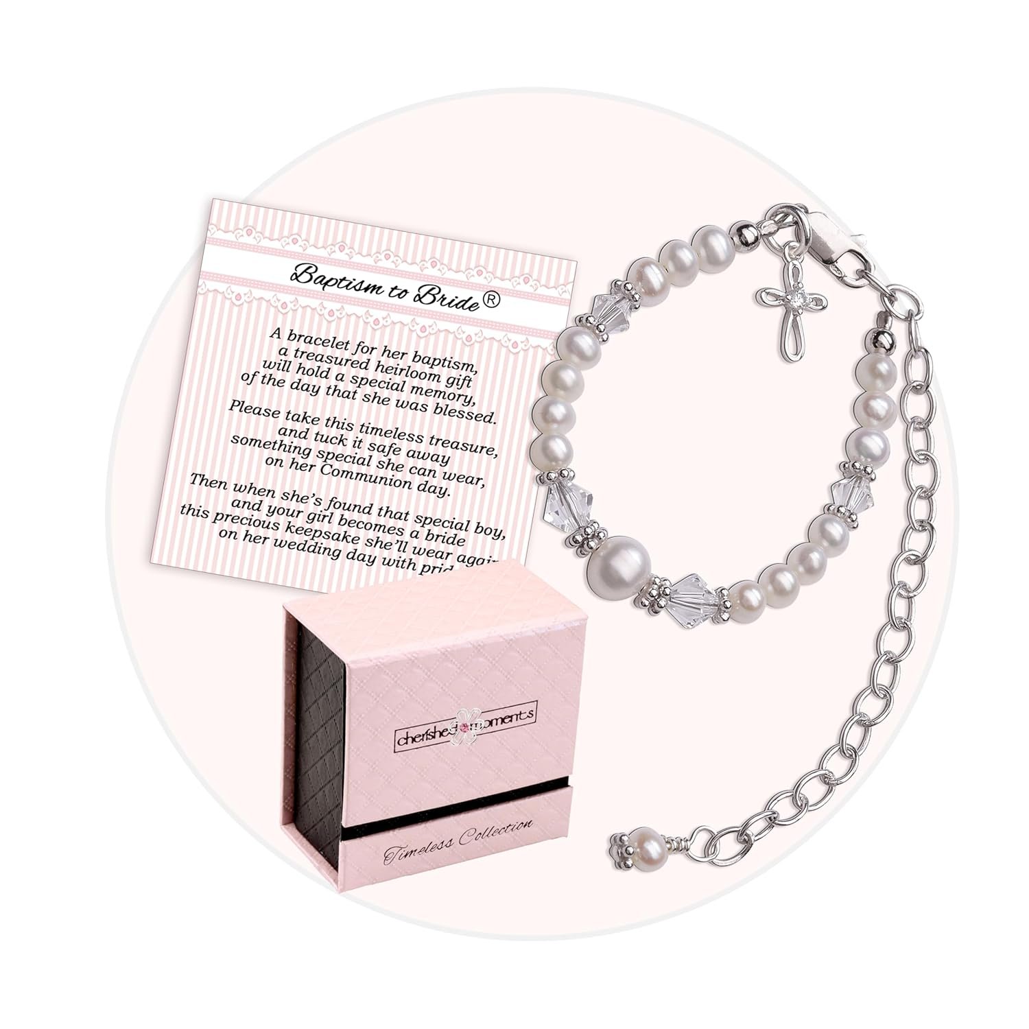 Cherished Moments Baptism to Bride Cross Bracelet Gift for Girls in 925 Sterling Silver and Cultured Pearl
