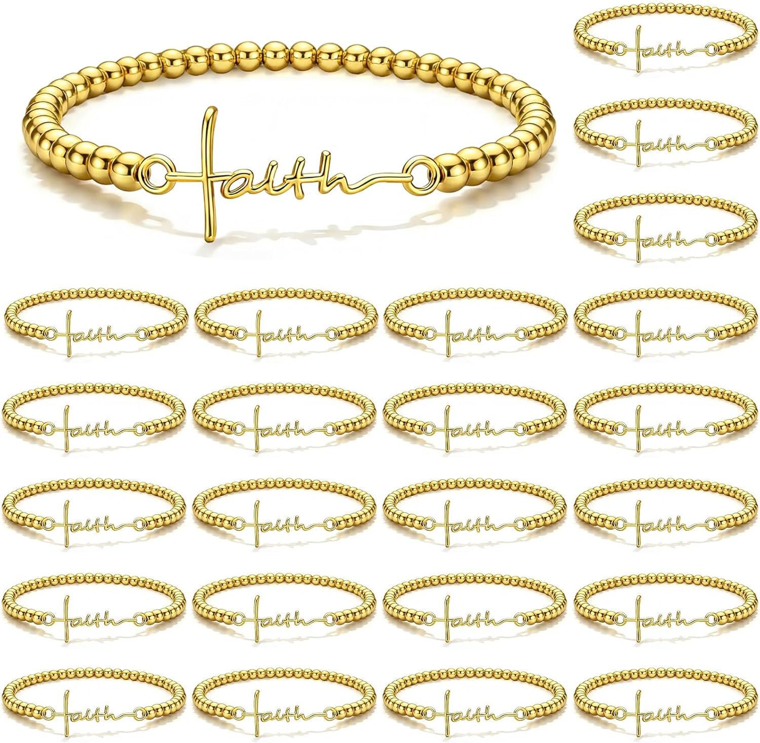 Tondiamo 24 Pcs Faith Cross Bracelets Gold Cross Faith Bracelets Bulk for Women Baptism Party Favor First Communion Gifts Inspirational Beaded Bracelet Adjustable Stretch Religious Jewelry