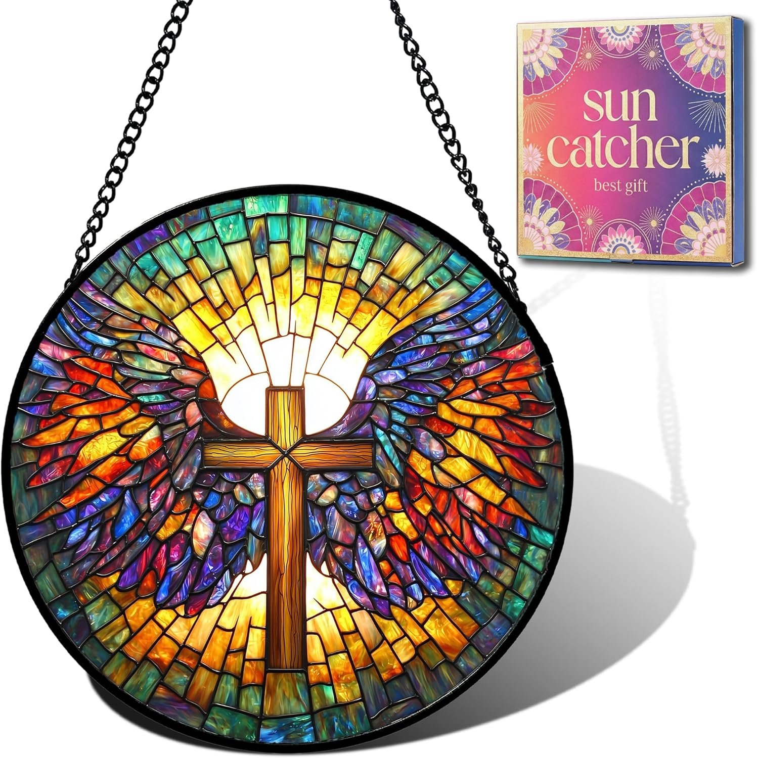 Christian Gifts for Mom – Cross Wings Faux Stained Glass Window Hanging Sun Catcher for Acrylic Home Decor Mother’s Day Christmas Easter Religion Gift for Women Nana Men Grandma Wife Dad 7.8″