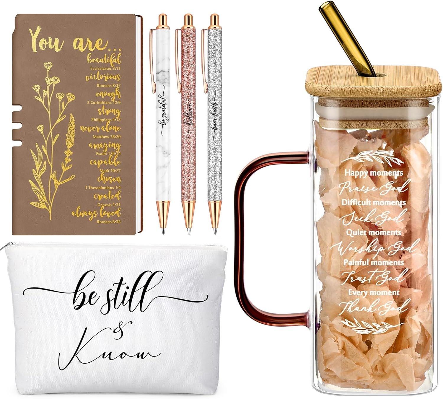 Skylety 6 Pcs Christian Gifts Set for Women Prayer Journal with Pens Makeup Bag Glass Cup Bible Study Supplies for Church Office Teacher Birthday Graduation Religious Gifts(Brown)