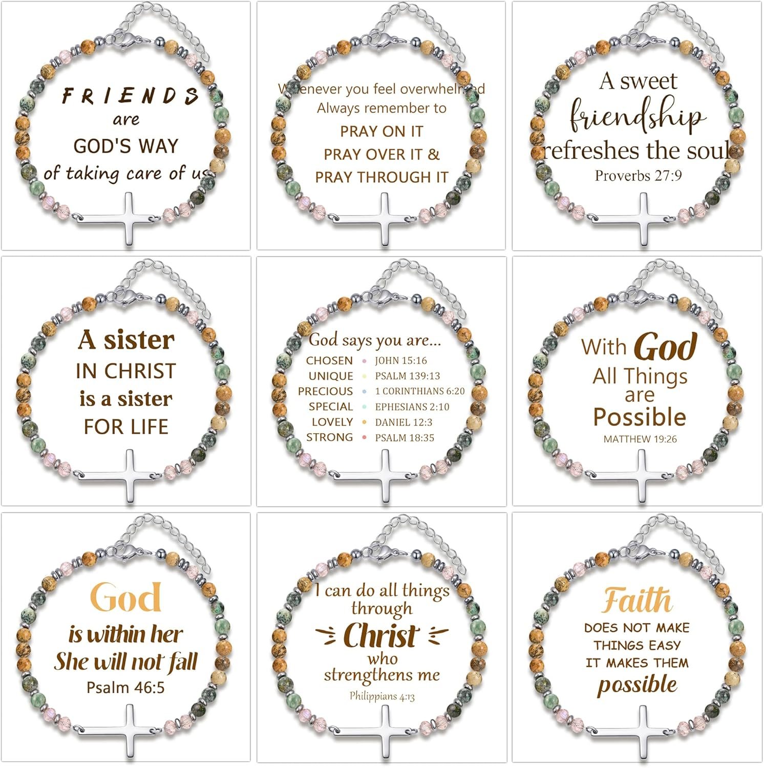BROCC 9PCS Cross Bracelets for Women,Confirmation Baptism Easter Gifts,Christian Inspirational Bracelets Gift Set,Adjustable 4MM Beaded Natural Stone Bracelets Jewelry