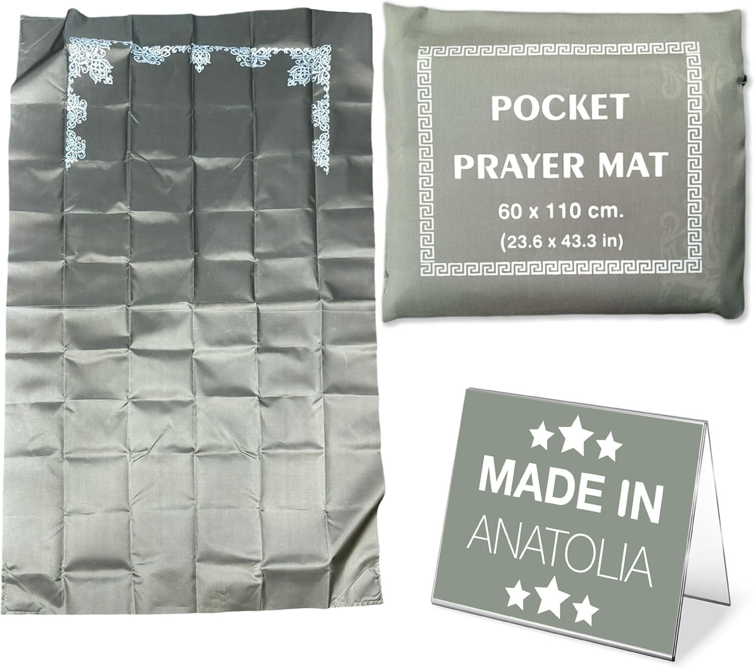 Hakan Portable Travel Praying Mat, Muslim Prayer Rug, Foldable Prayer, Pocket Size Waterproof Praying Rug with Iron Corners, Ramadan Eid Gift | 23.6 in x 43.3 in, Grey