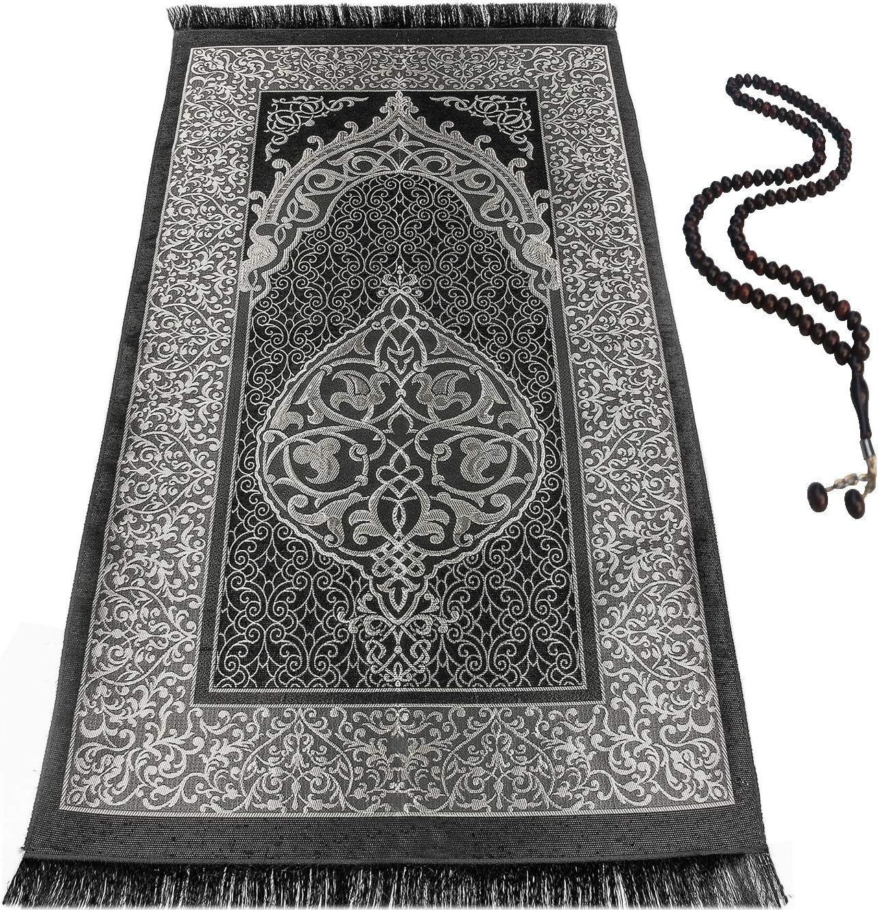 BAYKUL Muslim Prayer Rug, Islamic Turkish Prayer Rugs, Great Ramadan Gifts, Prayer Mat for Women and Men,Islam Carpet,Portable Muslims Mats,Praying Rugs Islam with Beads-Gift Prayer Beads 99 (Grey)