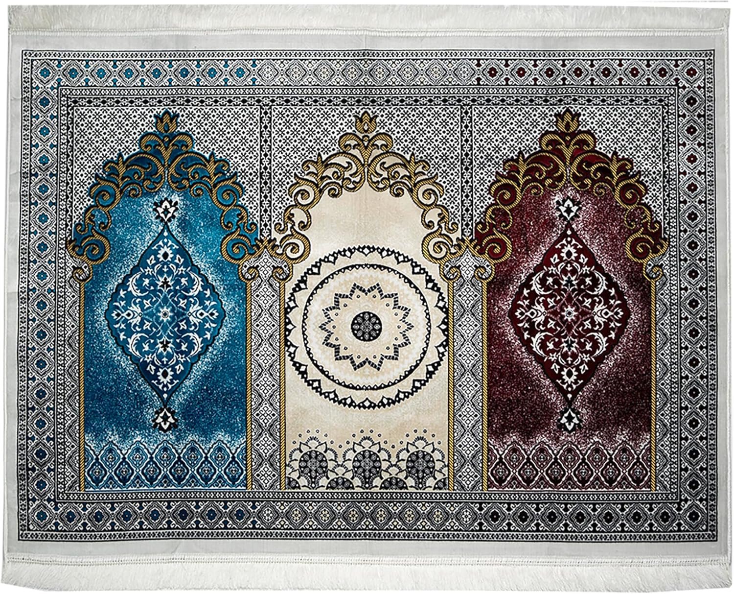 Modefa Turkish Islamic Prayer Rug – Wide Plush Velvet Praying Mat – Multi Person Muslim Janamaz Sajada for Family 3 People Salam Group Carpet 17-1