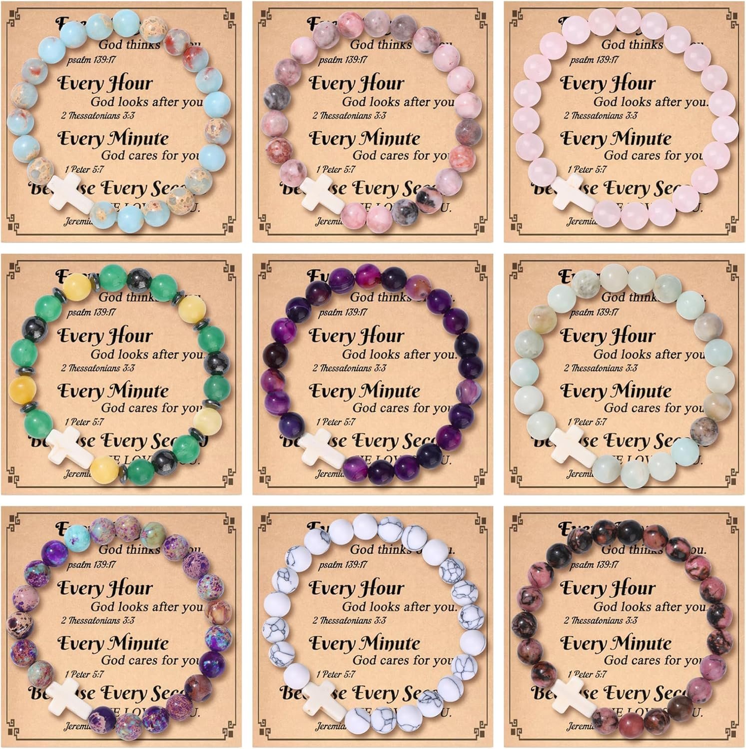 MOZAKA 9PCS Cross Beaded Bracelets for Women, Inspirational Natural Gemstone Heart Bracelets Jewelry Gifts