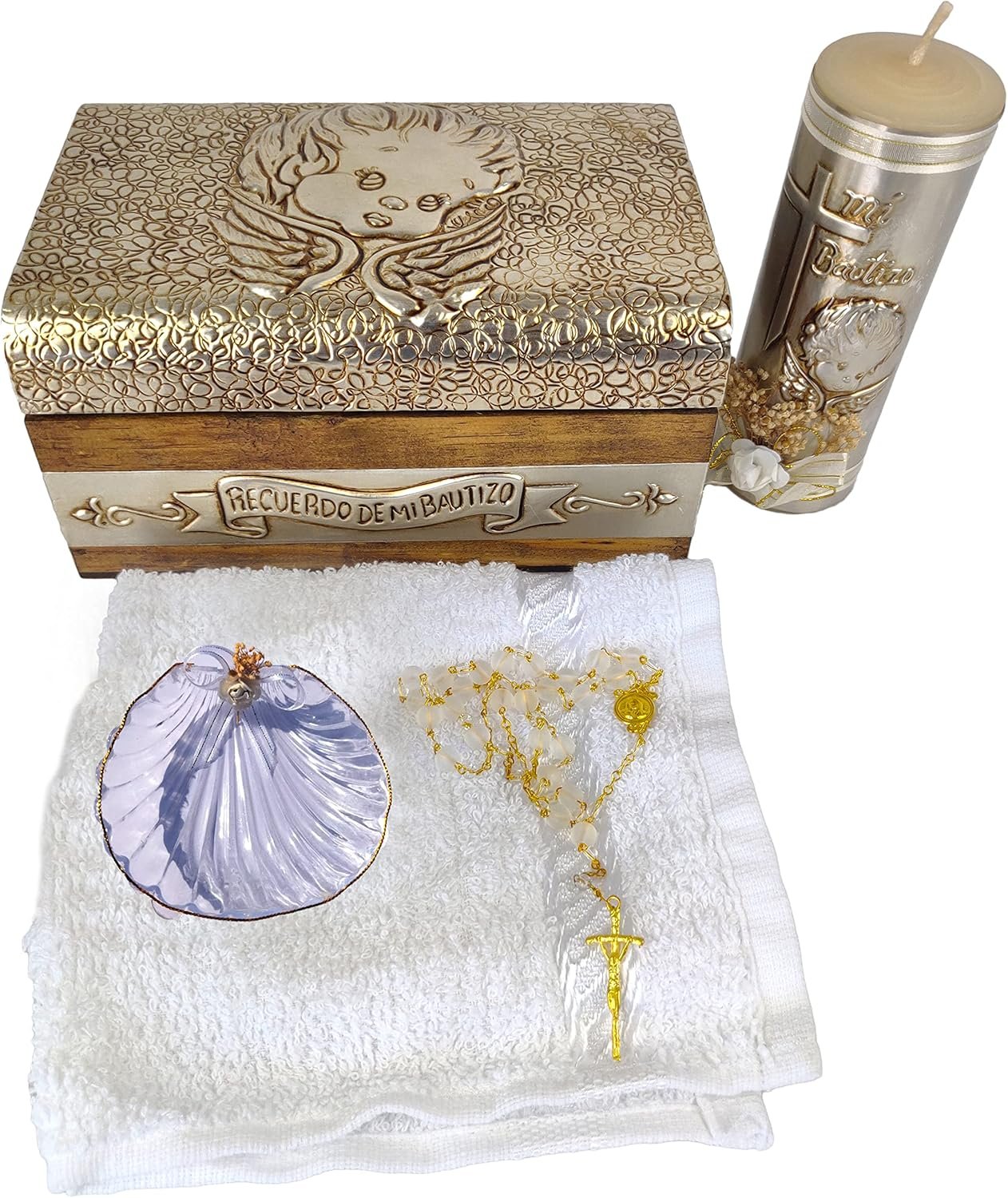 Baptism Candle Set in Premium Decoration Box with Towel, Rosary and Shell Included – Velas para bautizo Recuerdos de bautizo – Baptism kit Catholic with Candle for Party Favor