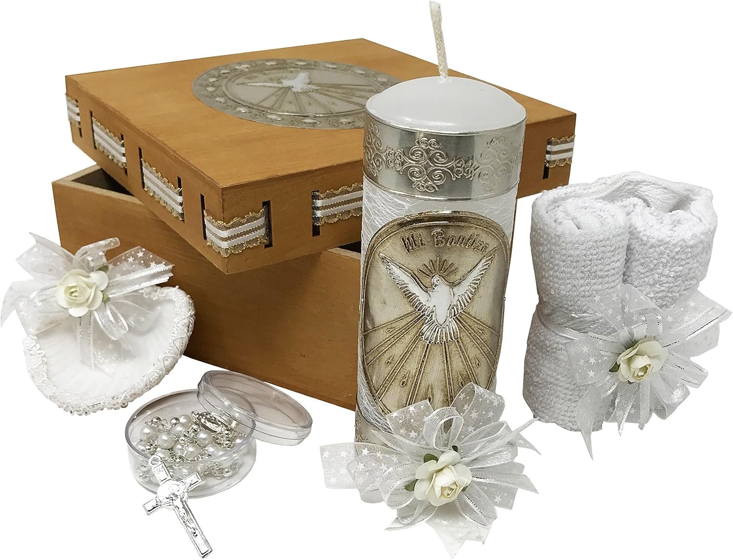 Arcangeles Mexicanos Catholic Baptism Candle Set in a Wooden Box with Towel, Candle, Rosary and Shell for Baby Boys and Girls. Handmade in Mexico