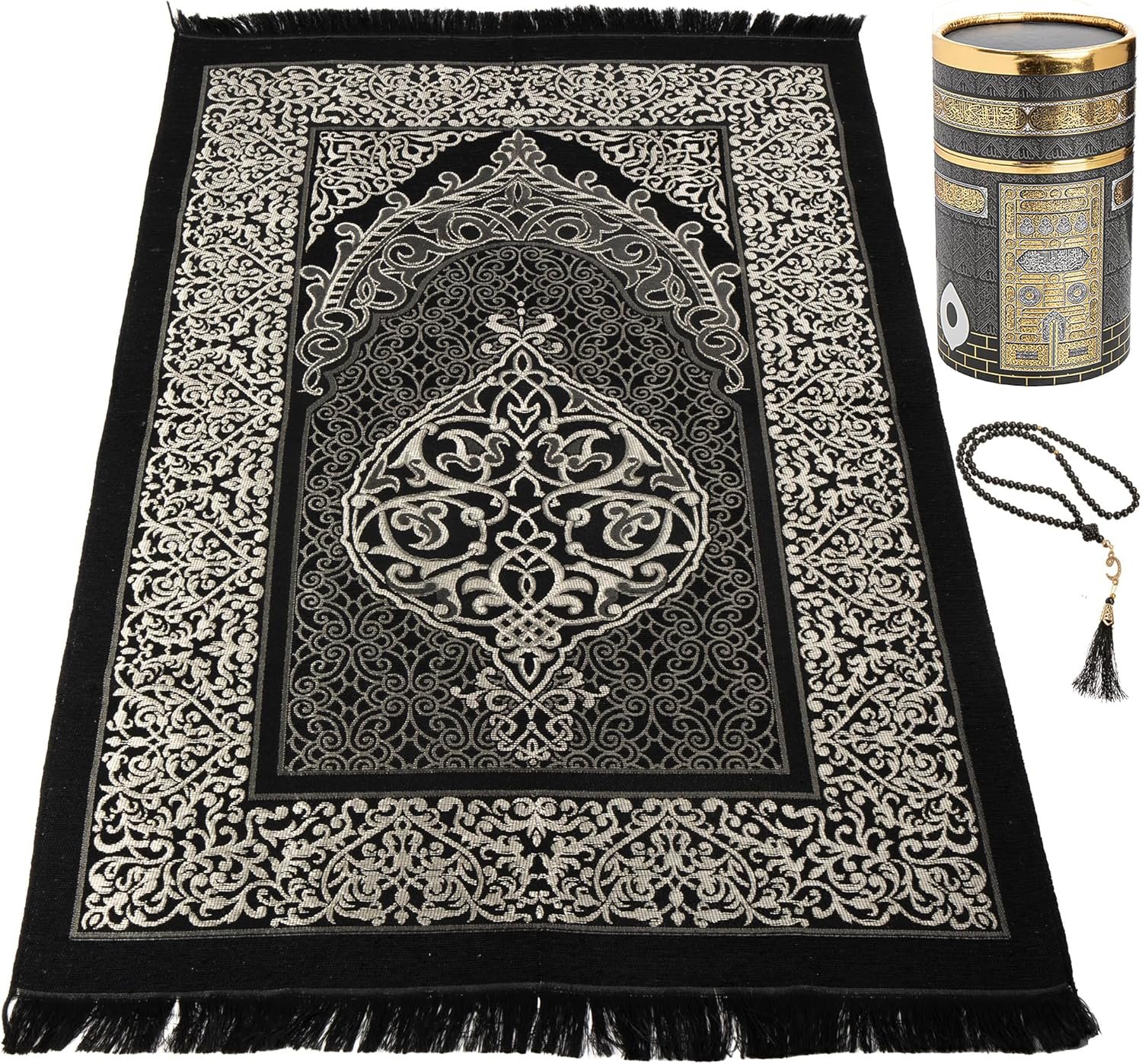 Modefa Islamic Gifts Prayer Mat | Thin Woven Praying Mat Muslim Prayer Rug | Muslim Gifts for Men Ramadan Gifts with Tesbih Prayer Beads | Ottoman Rug with Cylinder Gift Box Set (Black with Box)