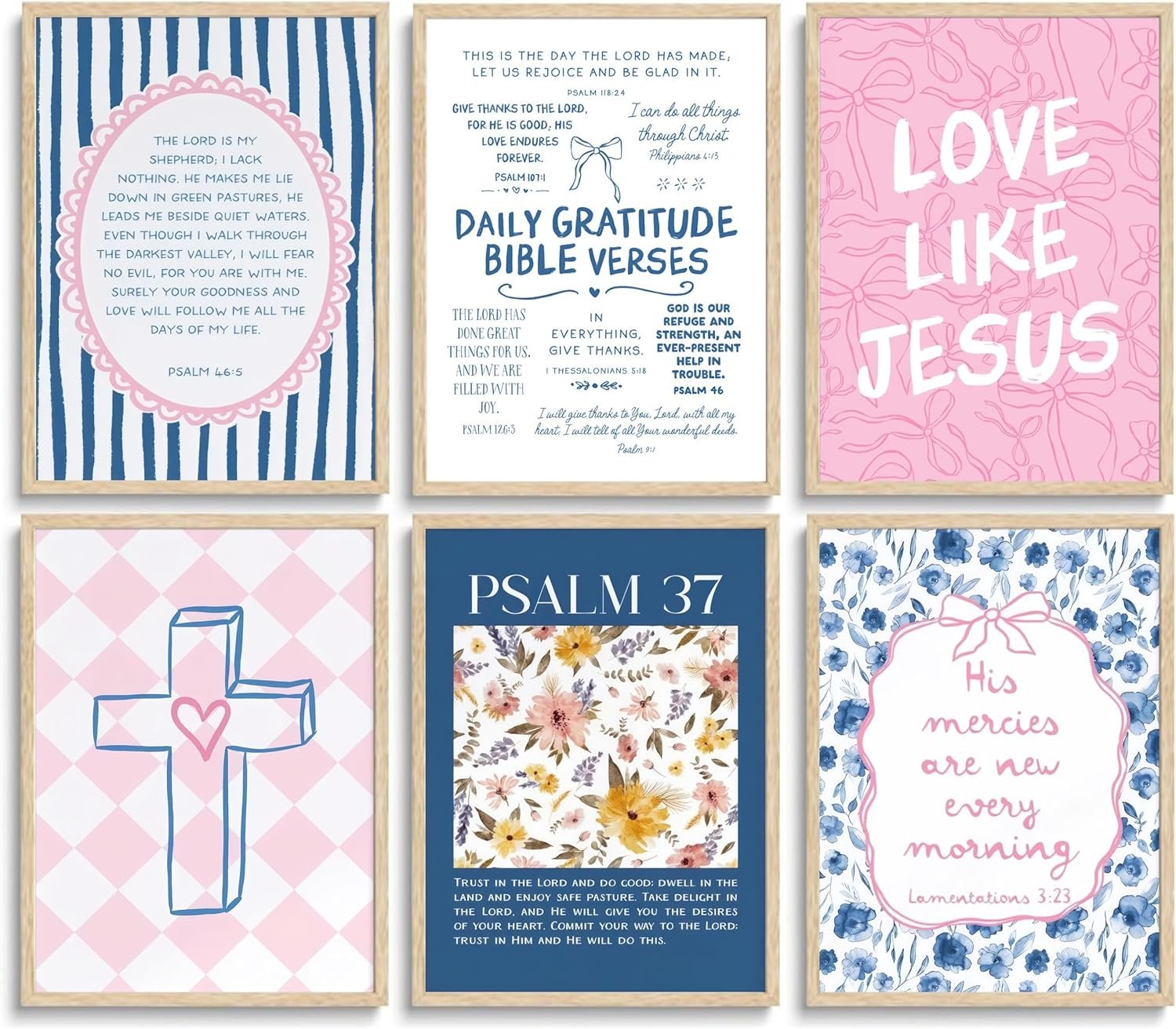 6Pcs Pink Blue Christian Wall Art Bow Bible Verse Floral Canvas Wall Decor Religious Pictures Jesus Scripture Poster Prints Trendy Preppy Painting for Bedroom Girls Room College Dorm 8x10in Unframed