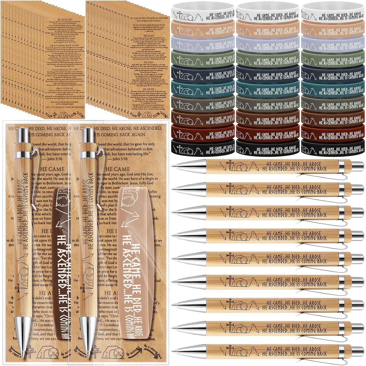 Sinload 50 Sets Fathers Day Christian Jesus Gifts Resurrection Story Gift Church Bamboo Pens Religious Silicone Bracelets Bookmarks He Came Died Arose Ascended Coming Back Party Favors