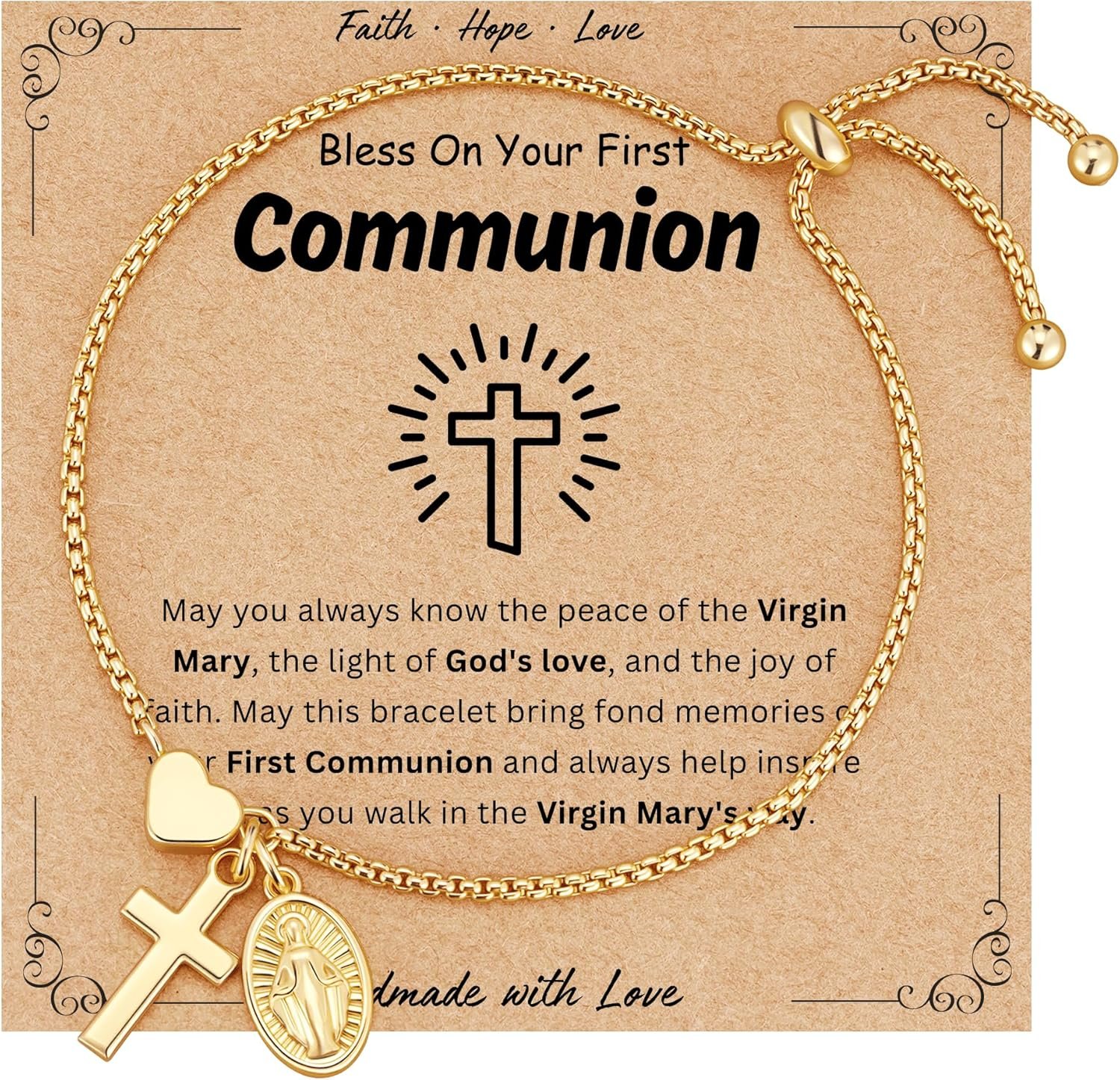 Catholic Baptism Cross Bracelet Gift for Girls, Catholic Virgin Mary Cross Heart Bracelet Confirmation First Communion Religious Christian Faith Jewelry Gift for Girls Women
