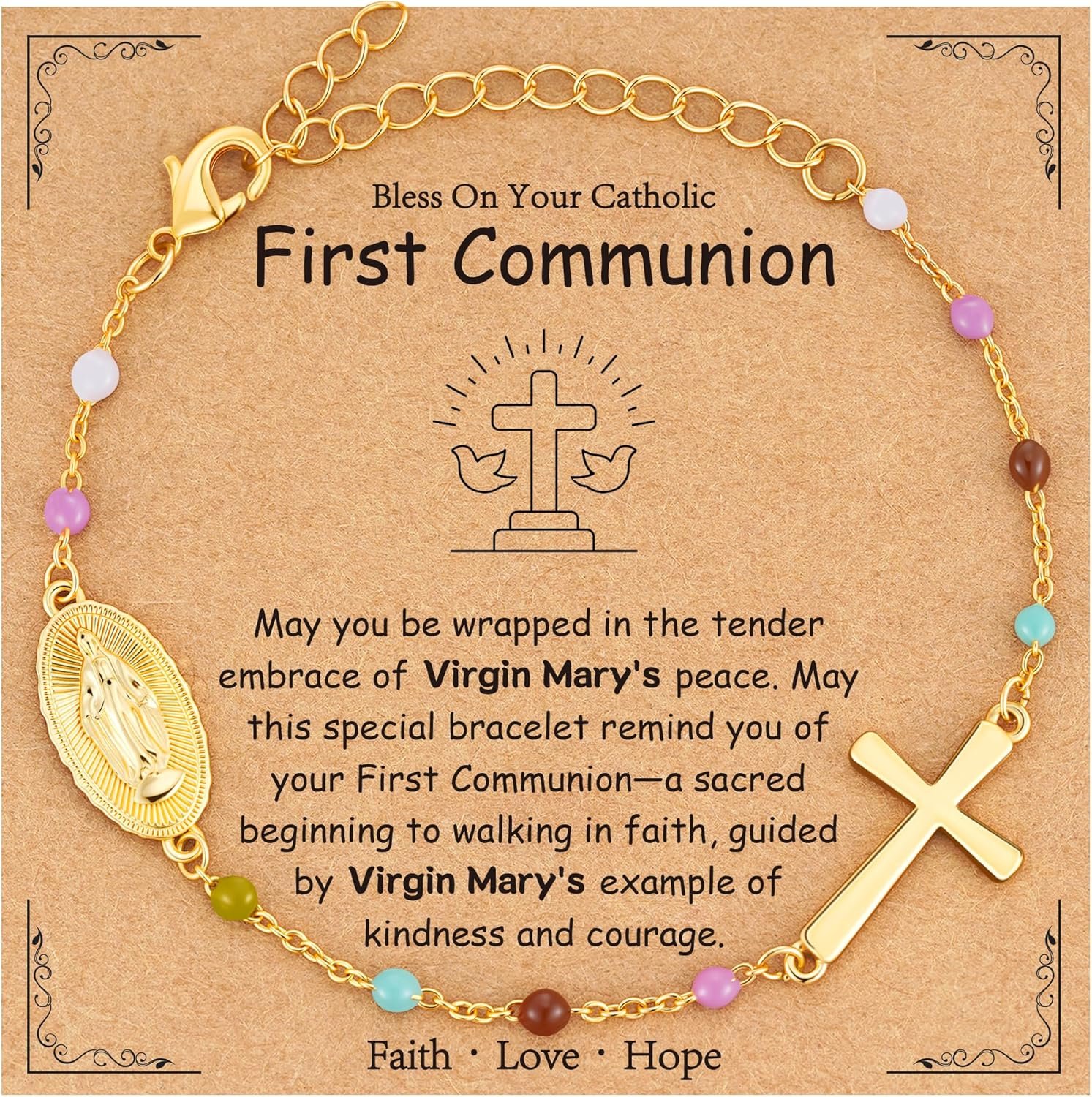 Catholic First Communion Confirmation Baptism Godmother Gifts — Virgin Mary Cross Rosary Beads Charm Bracelet, Christian Jewelry for Girls and Women