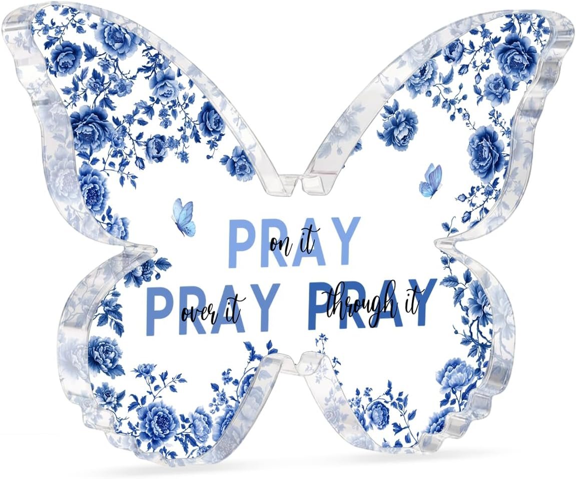 Christian Gift for Woman Men，Pray Over It Bible Verse Acrylic Decor Inspirational Bible Verses Desk Gift 4.6×3.5 Inch Blue