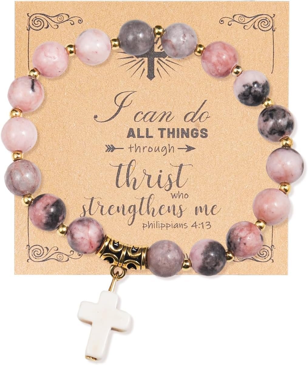 Christian Gifts for Women, Men Cross Beads Stretch Bracelet Catholic Religious Jewelry Gifts Natural Stone Pink Zebra Bracelet Godmother Inspirational Mothers Day Birthday Easter Jewelry