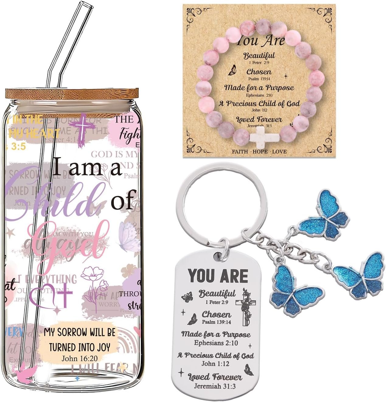 3 Pcs Christian Gifts for Women I Am A Child of God, Inspirational Bible Verse Gift Set for Christian Women, Tumbler Bracelet Keychain Gift Set for Mom Wife Sister Grandma Birthday Christmas
