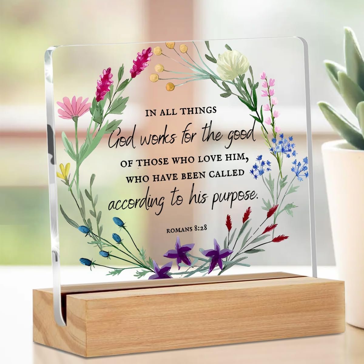 Inspirational Gifts for Women Friends Coworker, Christian Gifts for Women, Christian Clear Desk Acrylic Sign for Home Office Room, Desk Shelf Table Decoration, Romans 8:28