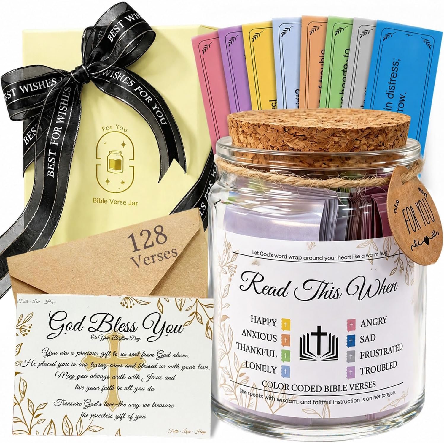 2026 New Christian Gifts for Women Men – 8 Emotion Bible Verse Jars | 128 Scripture Card Prayer Jar Gift wrapping Suitable Easter Mothers Thanksgiving Christmas Birthday Gifts Idea for Girls Boys