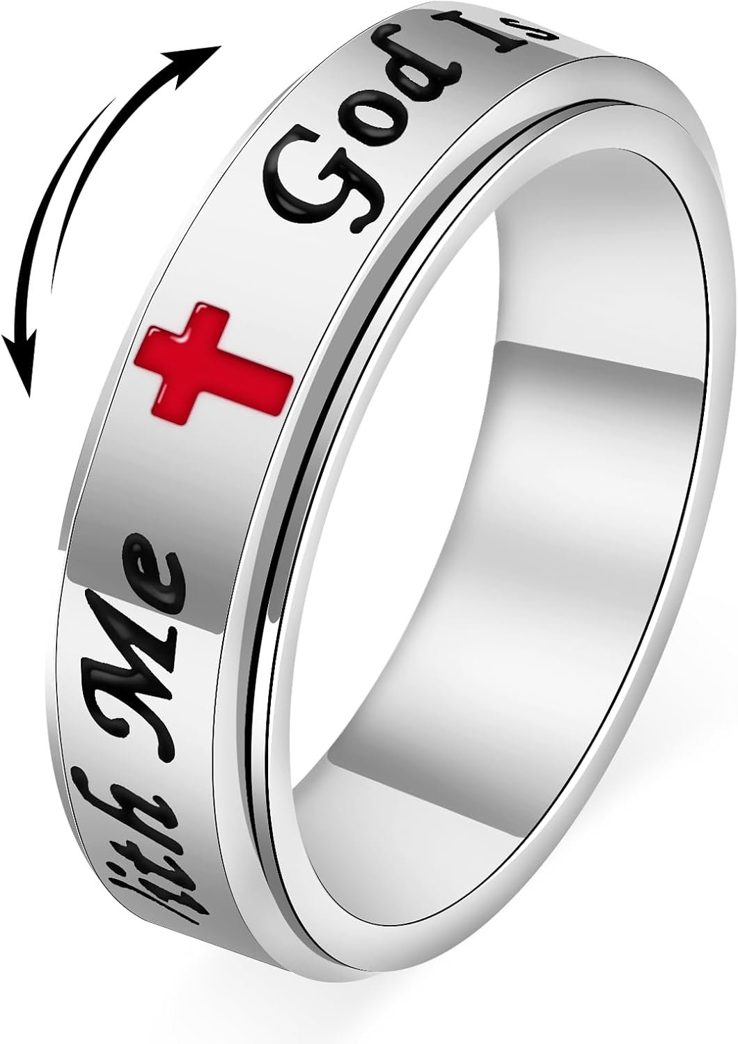 Spinner Fidget Ring for Women – God is With Me Stainless Steel Anxiety Relief Rings with Faith Cross Design, Christian Jewelry for Daily Comfort & Gift