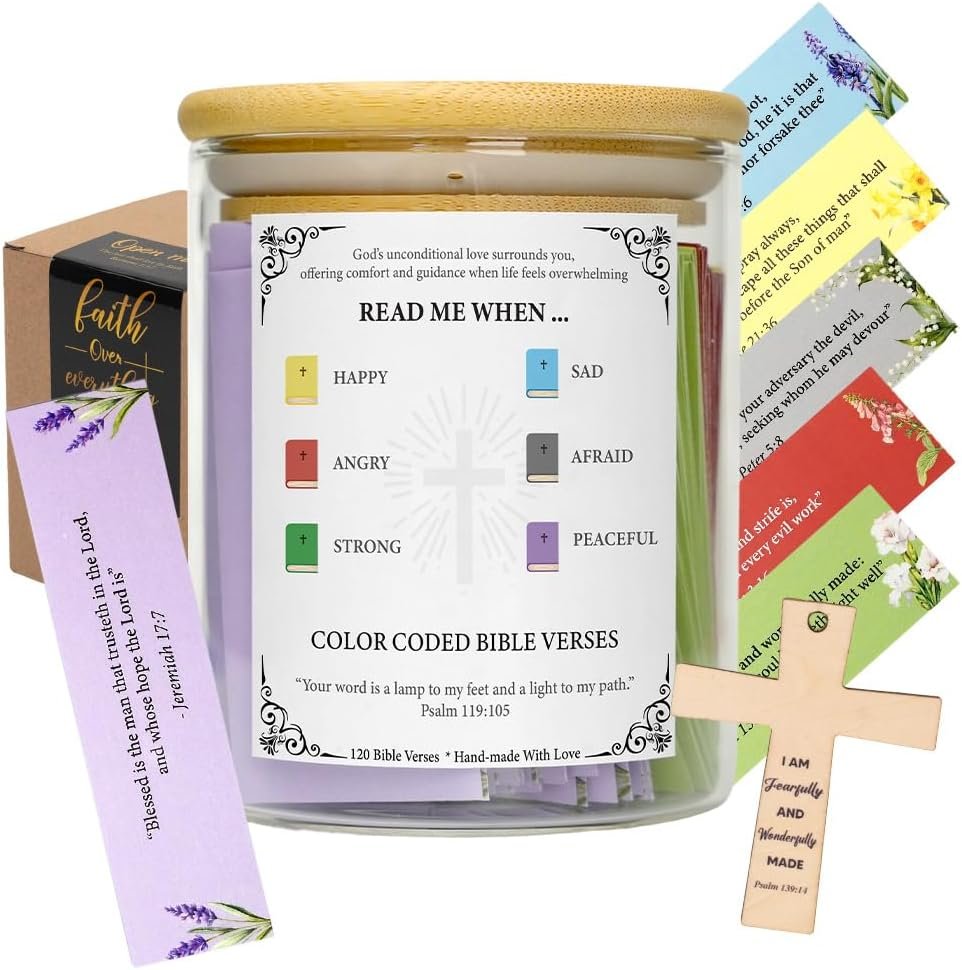 120 Color Coded Cross Bible Verse Jar Glass (KJV) – Christian Gifts for Women,Men – Inspirational Prayer Christmas Gift for Mom,Dad – Birthday,Graduation Gifts for Her – Faith, Religious Accessories