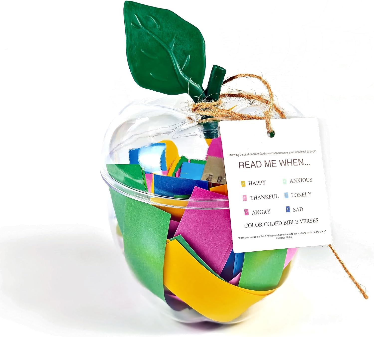 TIEYIPIN Apple-Shaped Bible Verse Jar – 96 Color-Coded Scripture Cards for Emotions (Happy,Thankful,Angry,Anxious,Lonely,Sad) – Christian Gift for Women/Men/Mom – Reusable Plastic Prayer Jar
