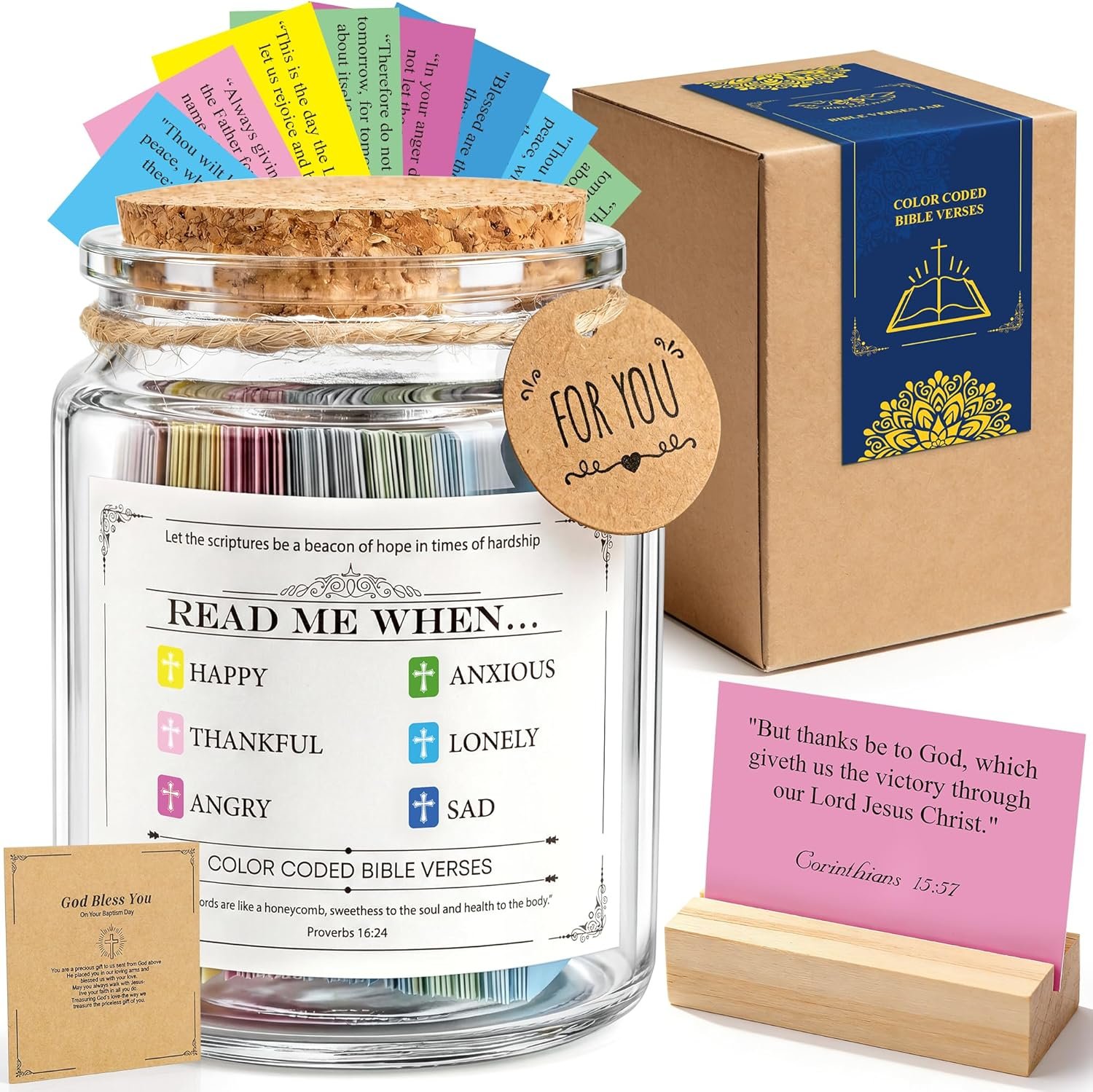 Bible Verse Jar, Prayer Jar Scripture Cards with Wooden Stand for Daily Encouragement, Baptism Christian Religious Birthday for Women,Men,Mother Day Gift Mom,Grandma